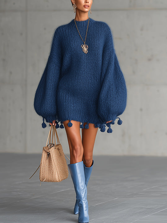 Blue Knit Mini Dress With Balloon Sleeves And Tassel Hem