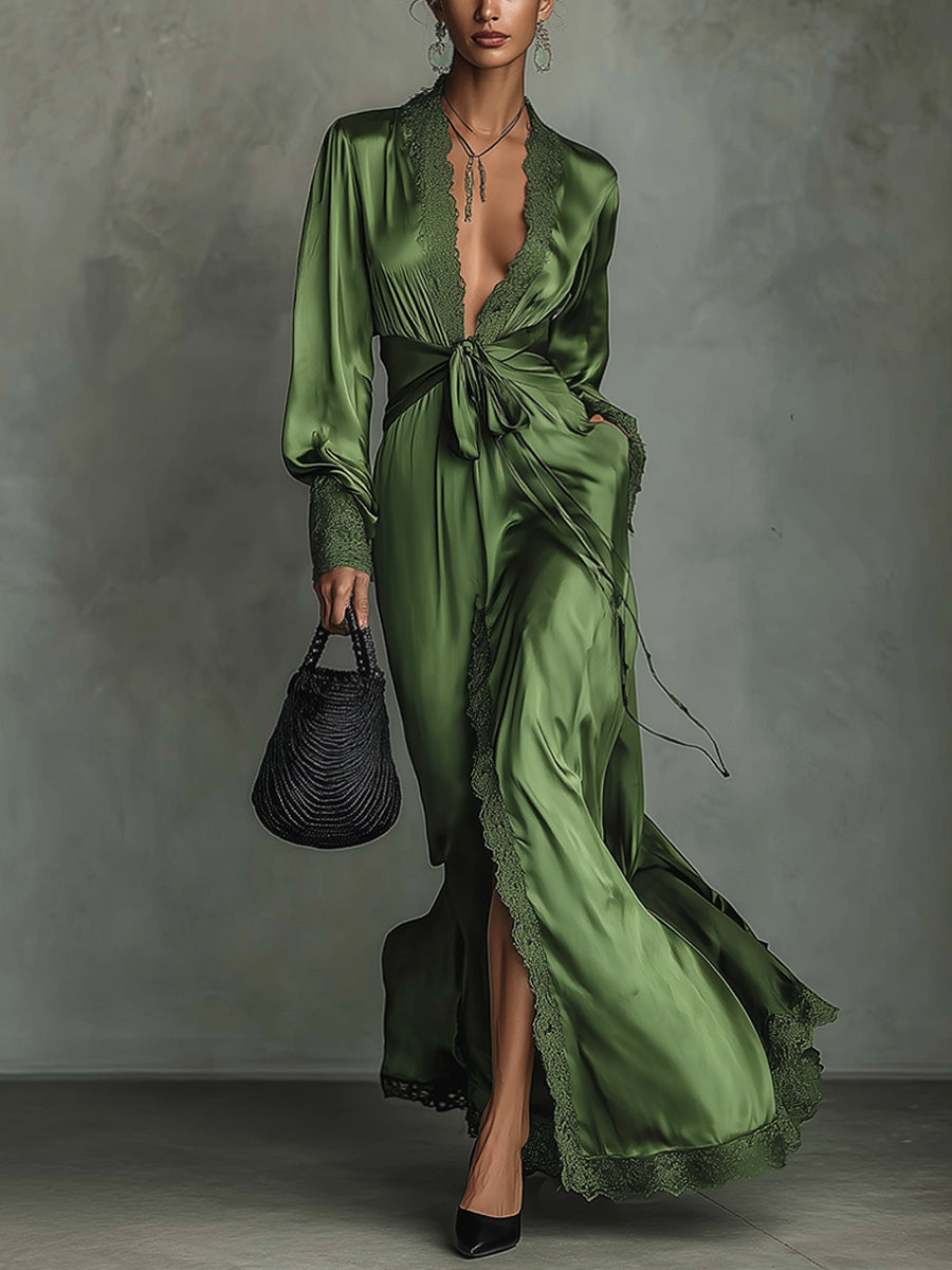 Green Satin Tie Waist Deep V-Neck Maxi Dress With Lace Trim