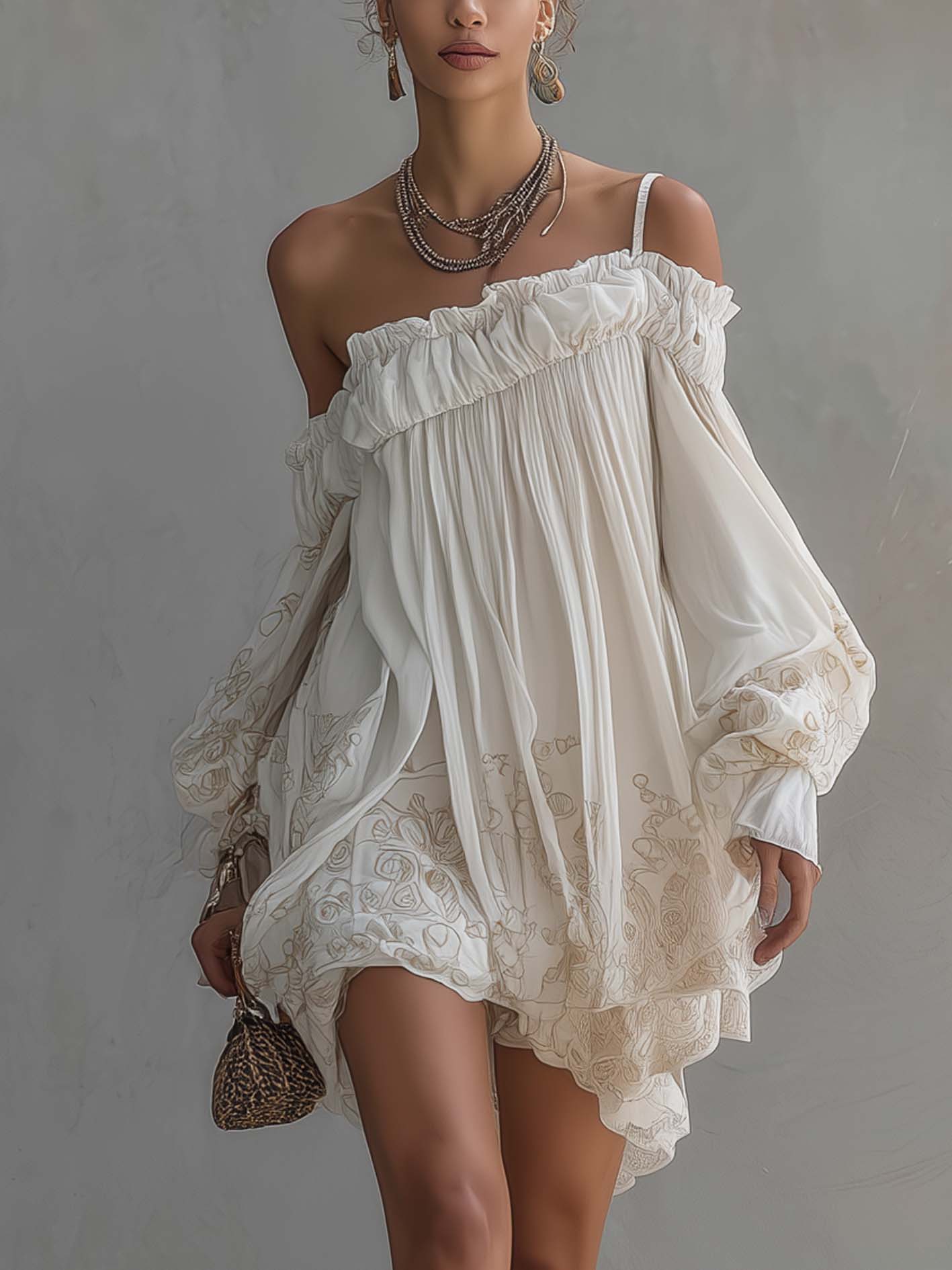 White Paisley Vintage Print One Shoulder Chiffon Mini Dress