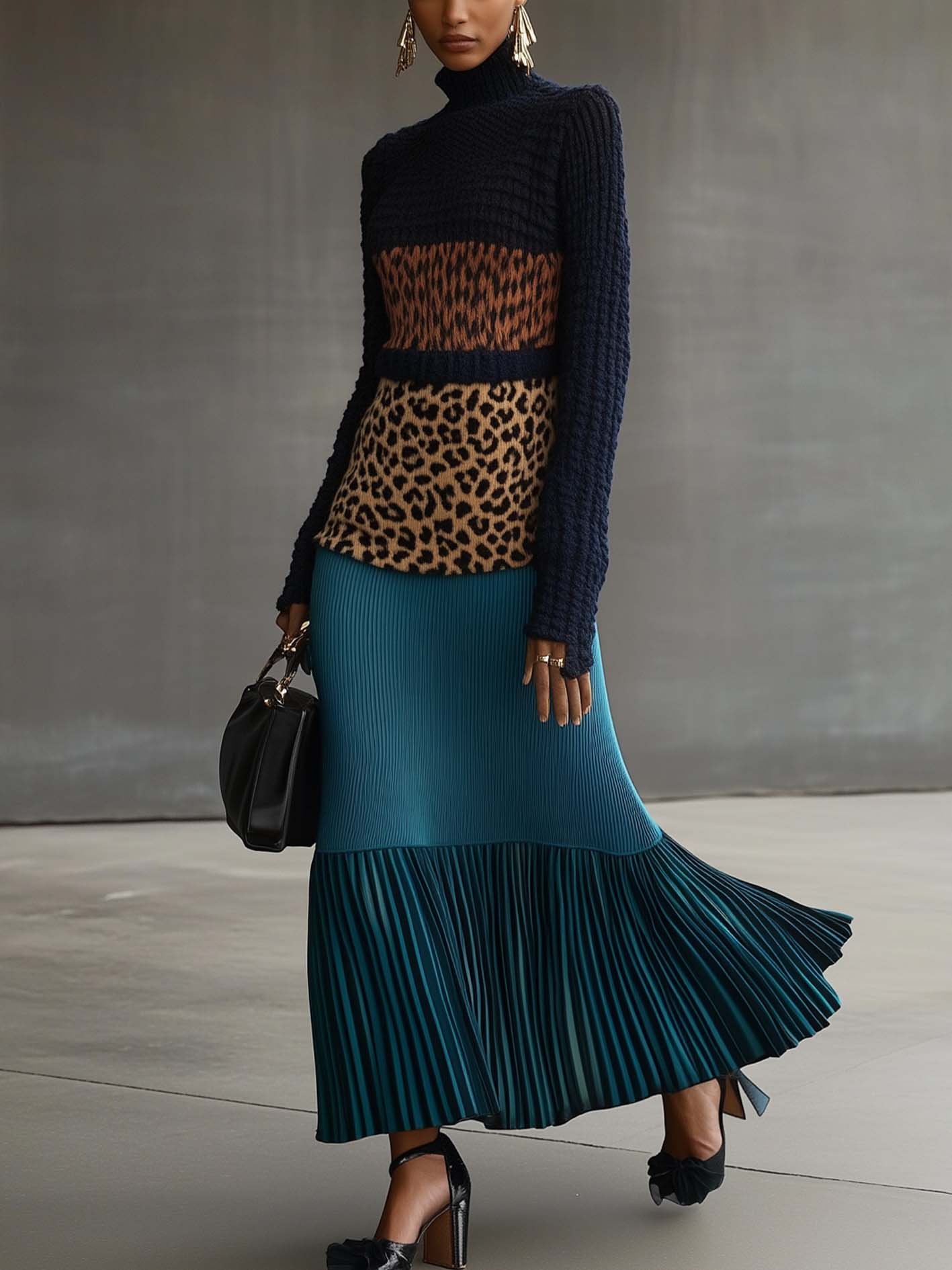 Dark Blue Knitted Maxi Dress With Leopard Print And Cyan Bottom