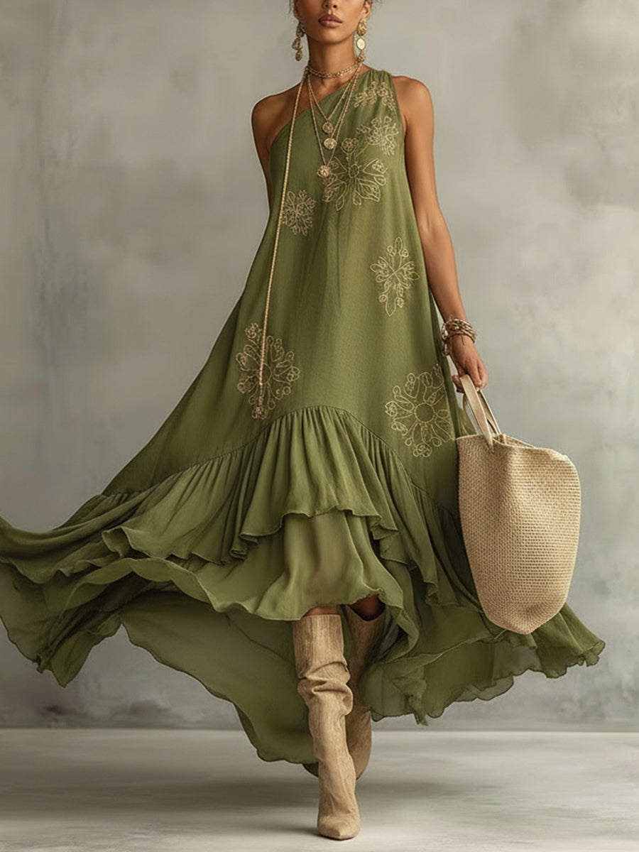 Green Linen Cotton Embroidered Maxi Dress With Chiffon Hem