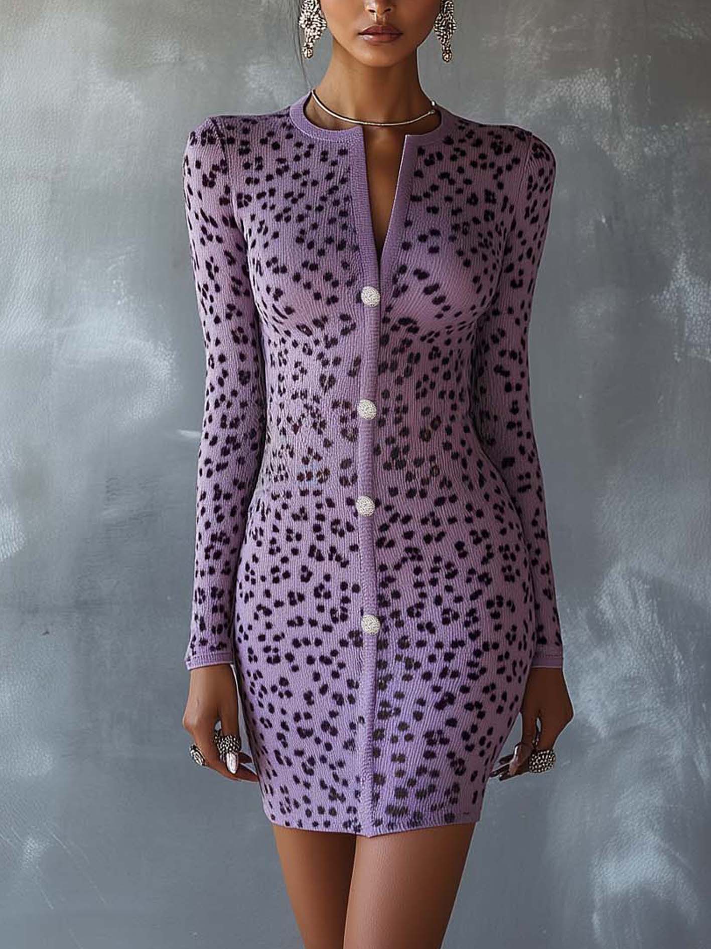 Purple Knitted Mini Dress With Leopard Print And Silver Buttons