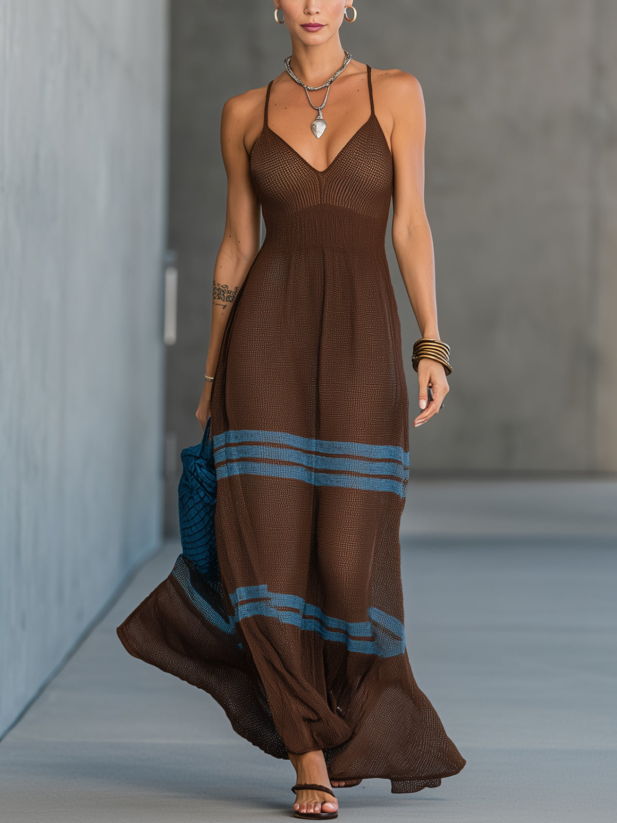 Brown Striped Knit Spaghetti Strap Maxi Dress