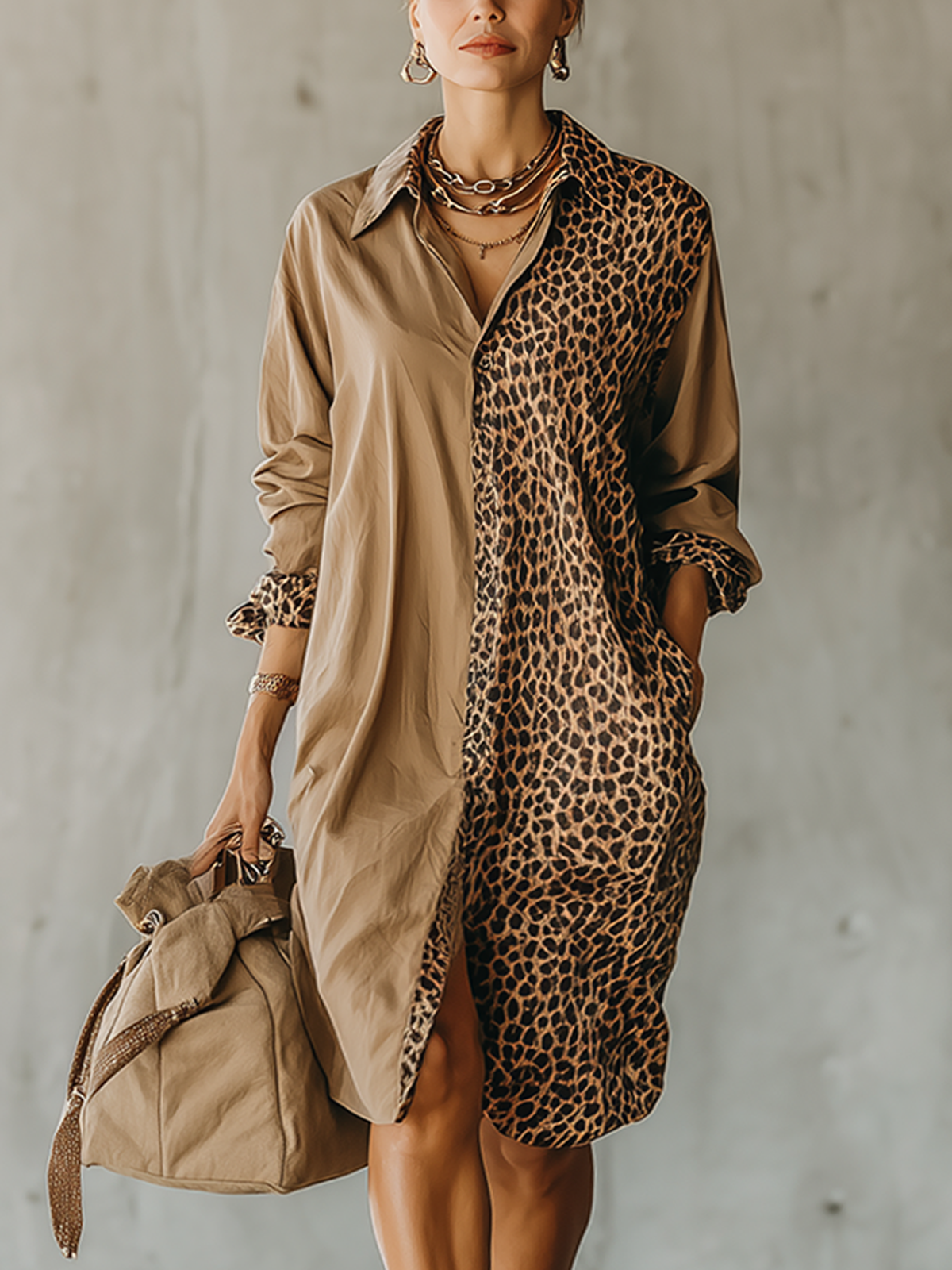 Brown And Leopard-Print Contrast Shirt Dress