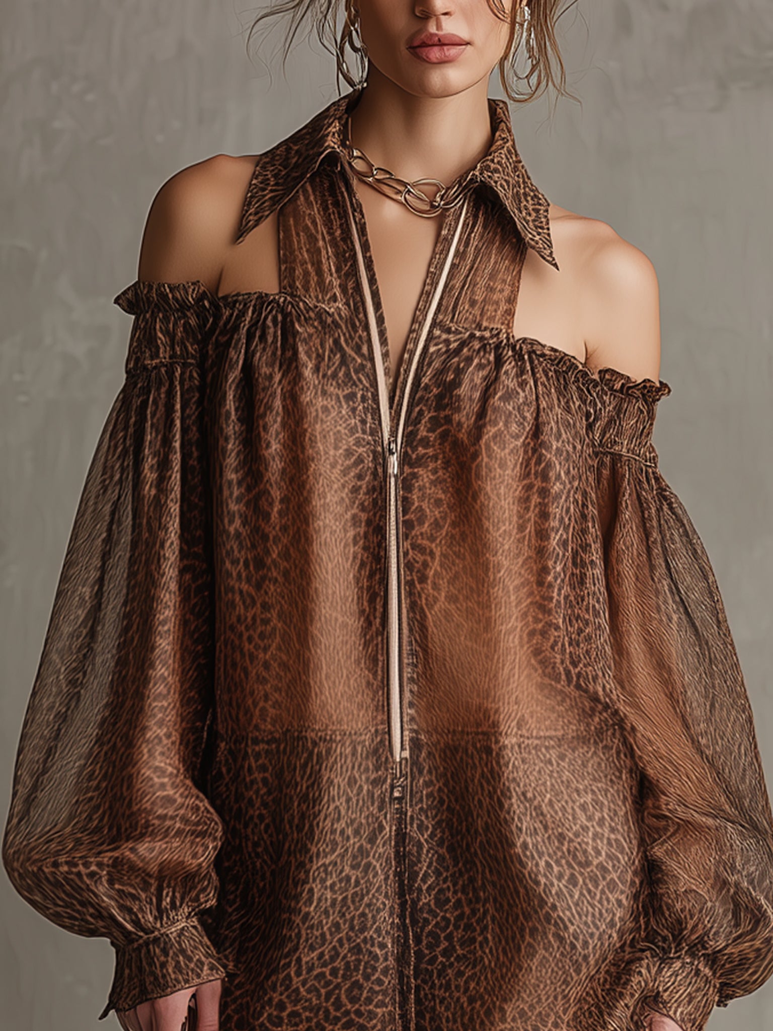 Brown Leopard Print Chiffon Zip Up Mini Dress
