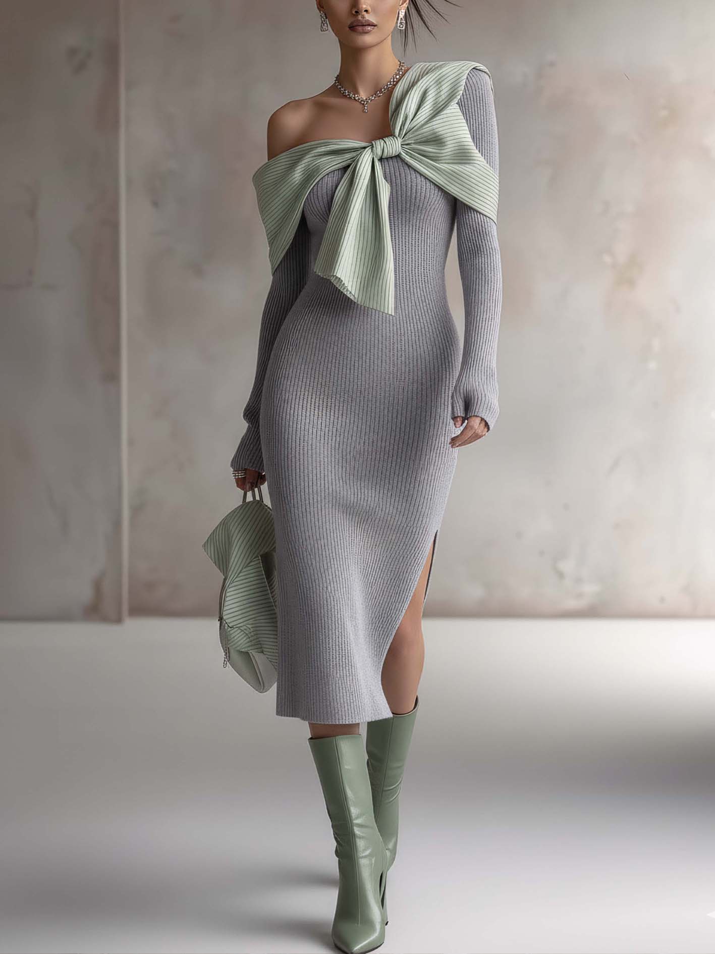 Gray One Shoulder Knit Bodycon Dress With Contrast Bow Detail