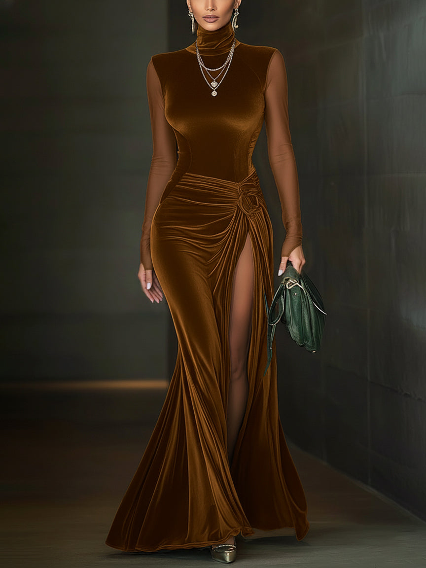 Emerald Green Velvet Mesh Sleeve High Slit Maxi Dress