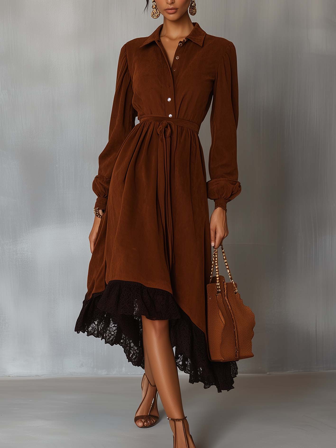 Brown Faux Suede Midi Dress With Irregular Hem And Lace Stitching