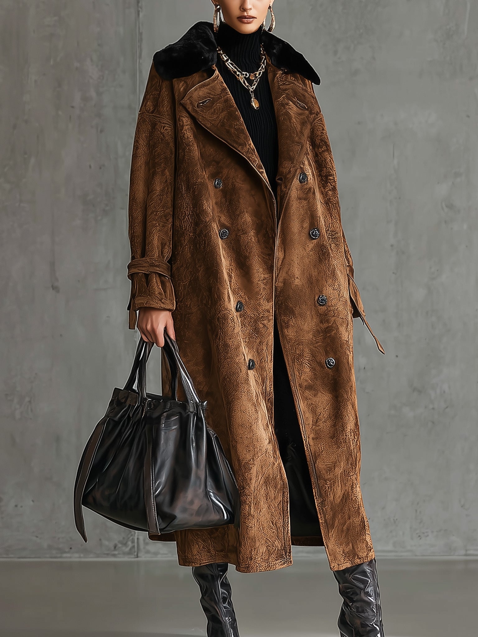 Brown Vintage Faux Suede Coat With Removable Eco Fur Collar