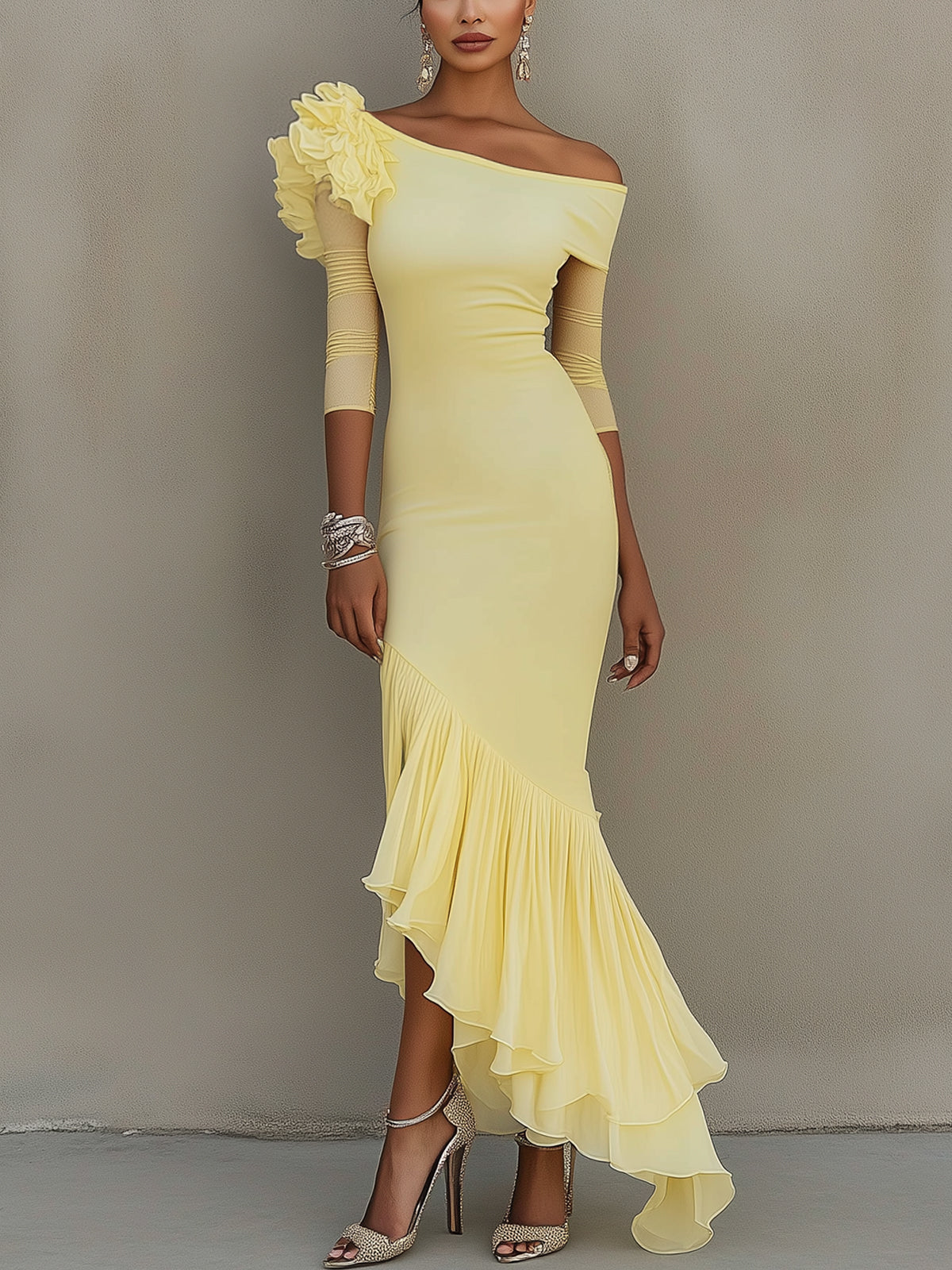 Lemon Ruffle Asymmetrical One Shoulder Maxi Dress