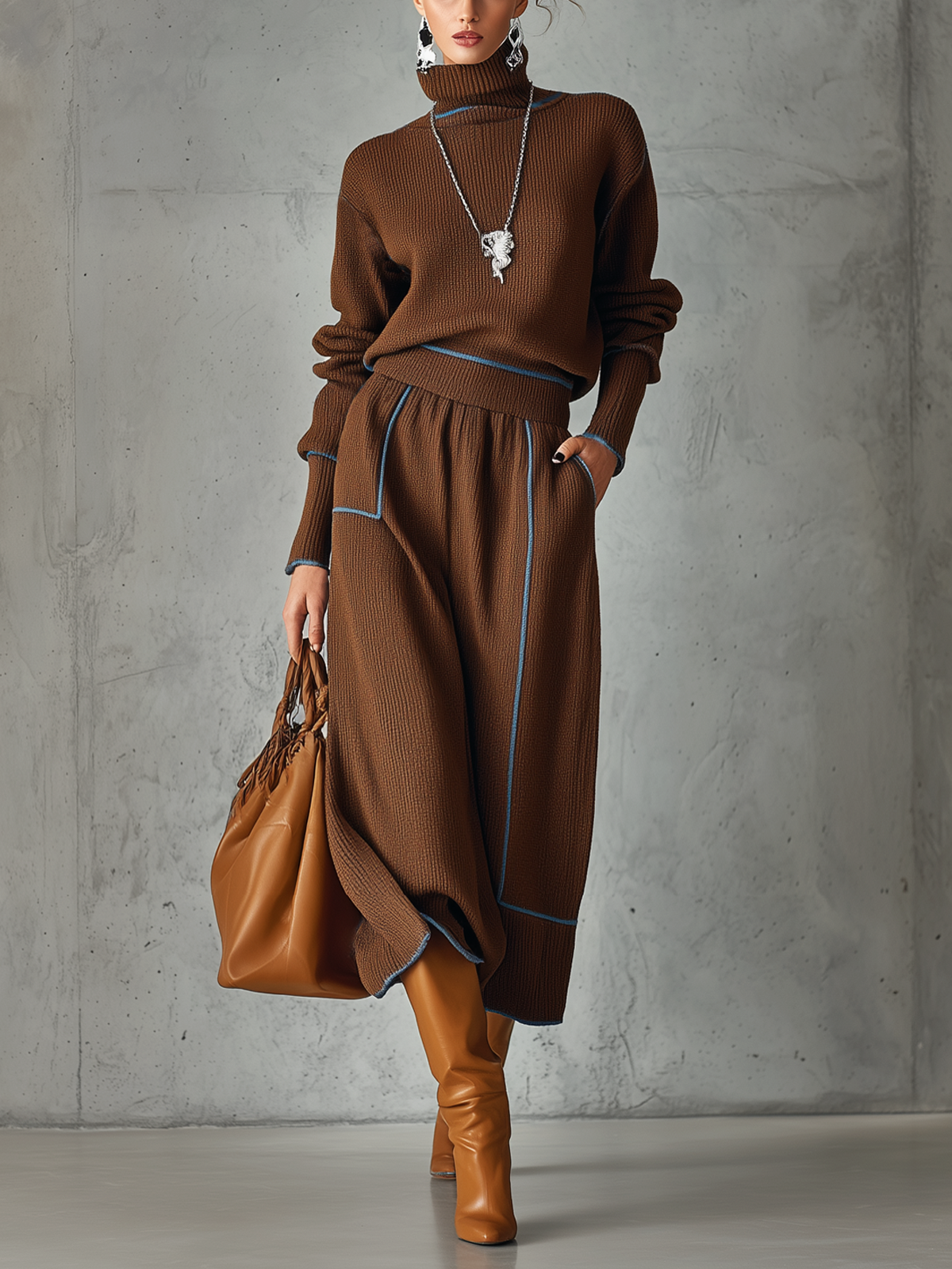 Brown Knitted Turtleneck And Skirt Set With Blue Trim