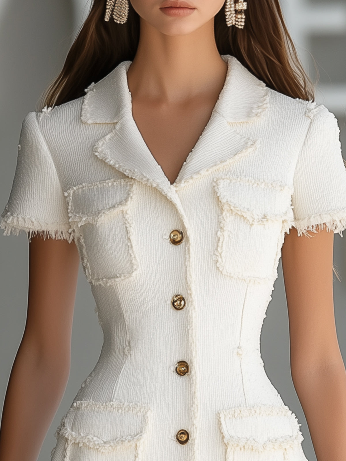Elegant White Mini Dress With Frayed Edges And Gold Buttons