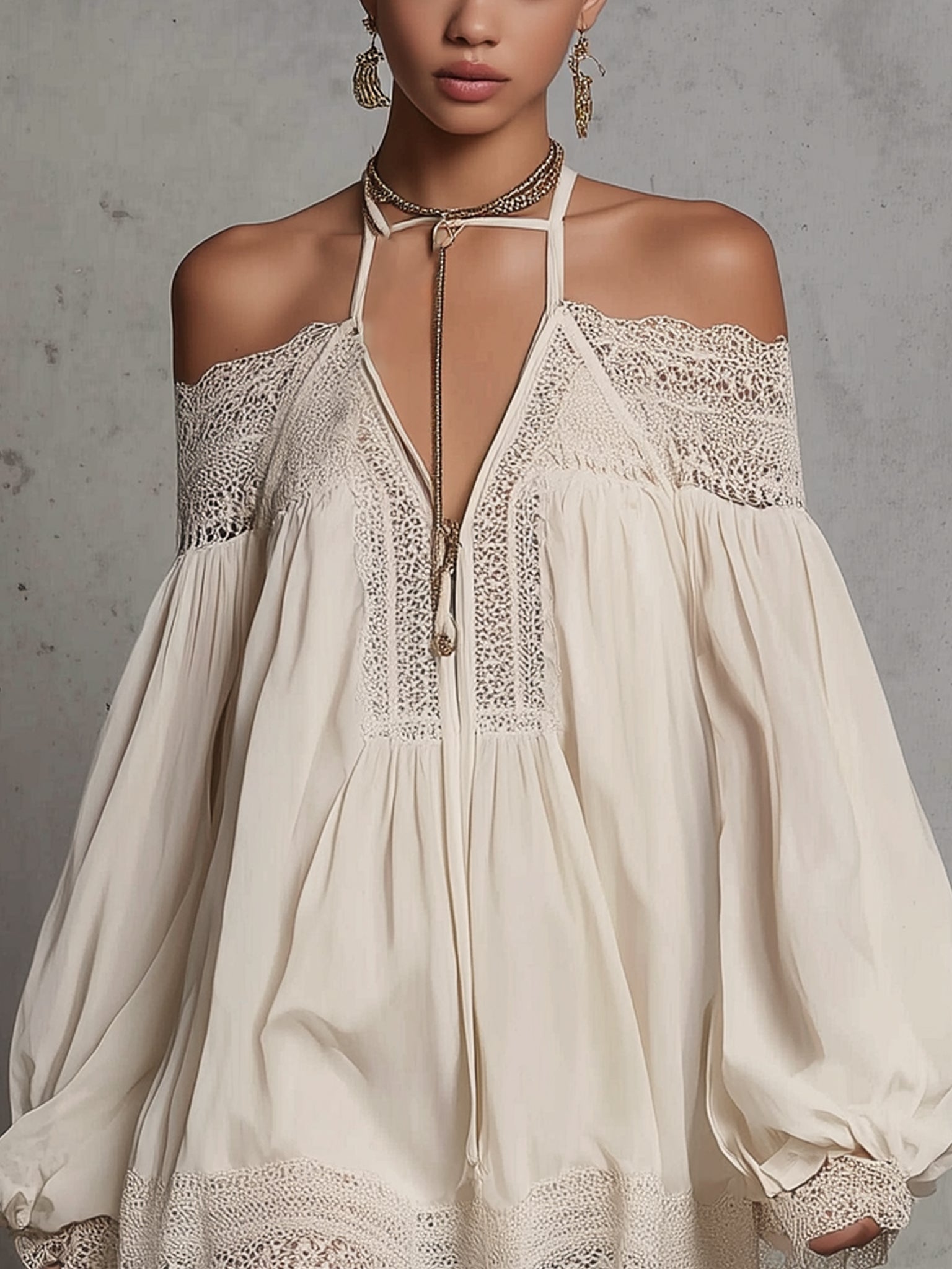 Ivory Off Shoulder Zip Chiffon Lace Mini Dress