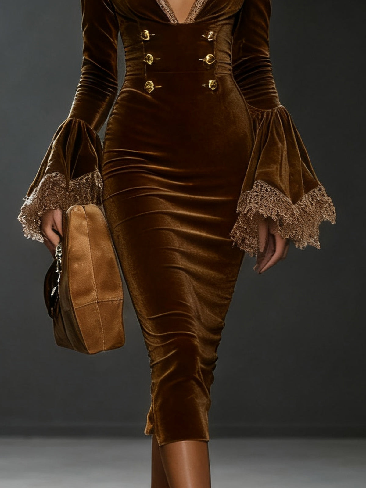 Brown Velvet Lace Trim Double-Breasted Midi Dress