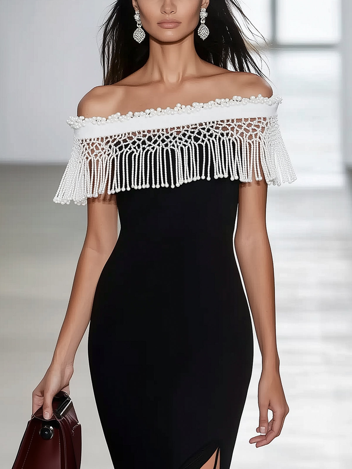 Black Knitted Fringe Off-Shoulder Short Sleeve Midi Dress