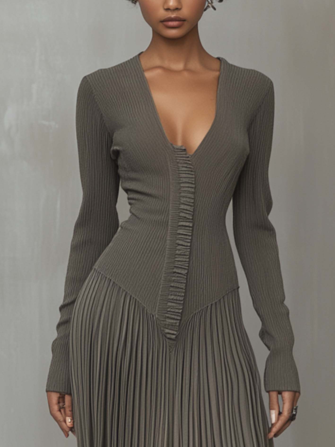 Fashionable V-neck Splicing Ruffled Gray Knitted Midi Dress