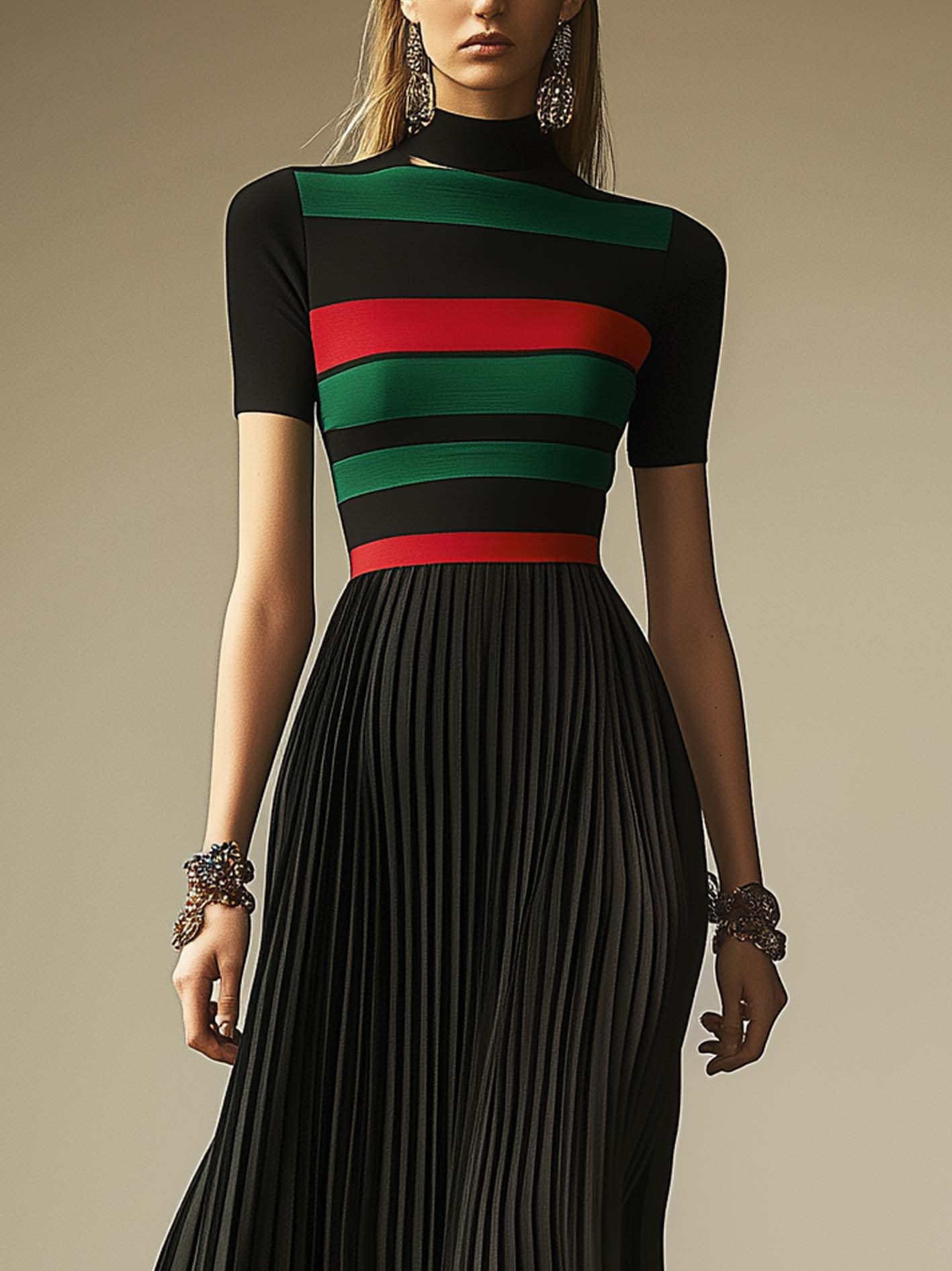 Black Maxi Dress With Colorblock Pleats