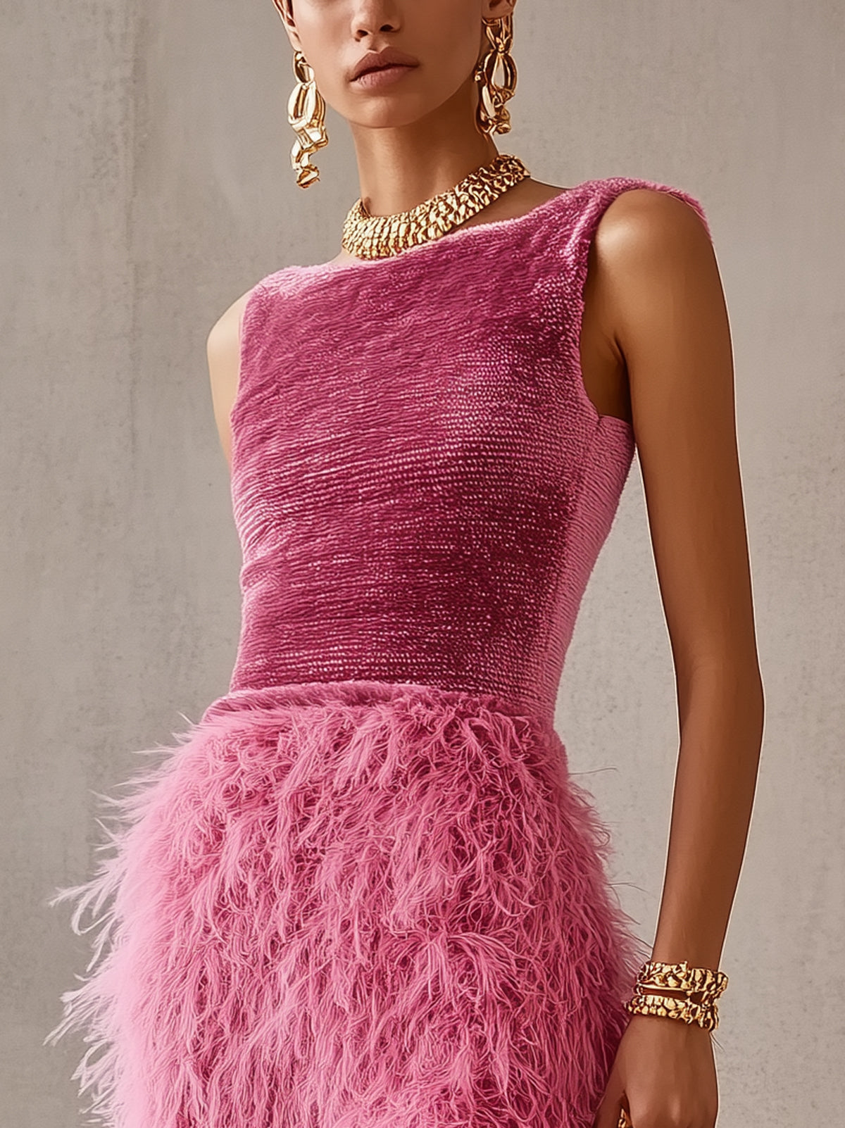 Purple Velvet Feather Waisted Boat Neck Sleeveless Midi Dress