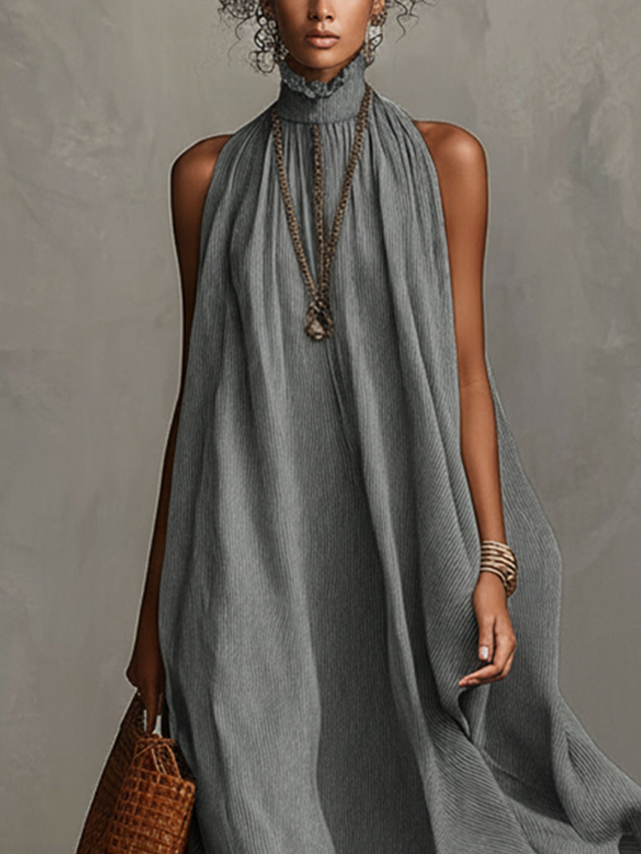 Gray Sleeveless High Neck Lace Maxi Dress