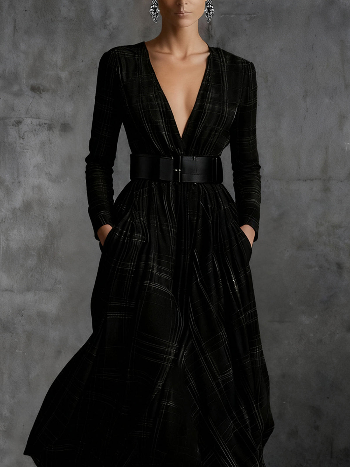 Black Plaid Maxi Dress With Deep V-Neck And Belt