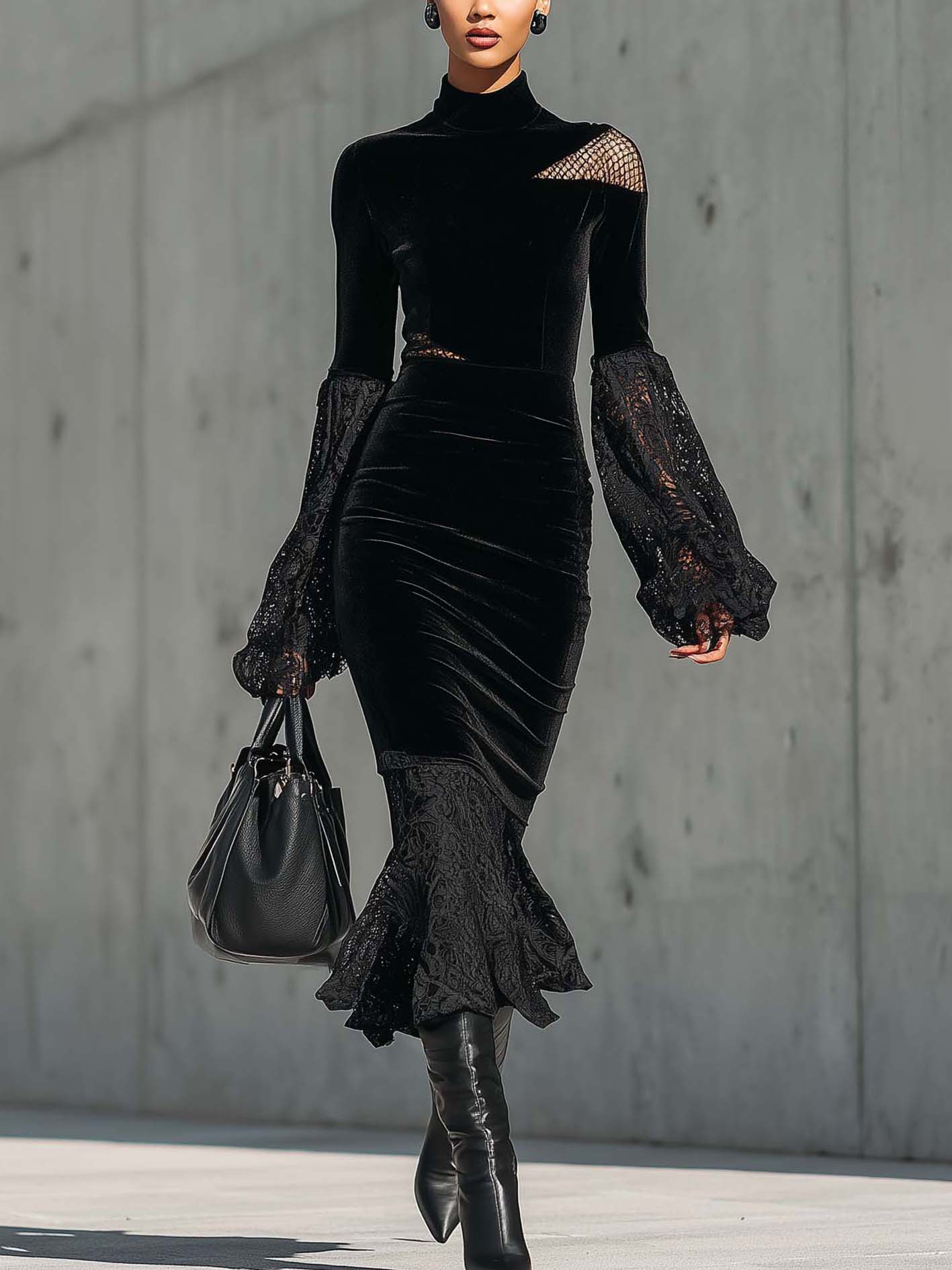 Black Velvet Lace Patchwork Mesh Bodycon Dress