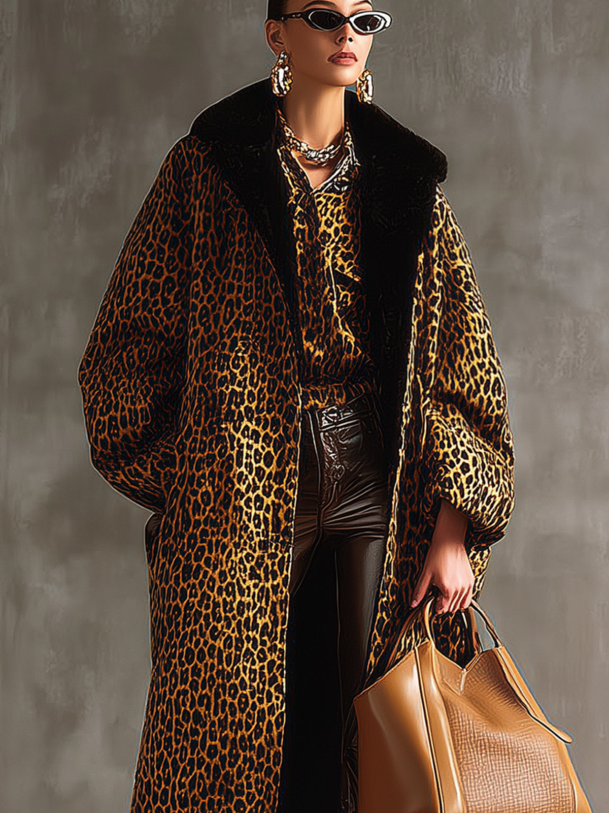 Brown Leopard Print Sheepskin Coat With Black Fur Collar
