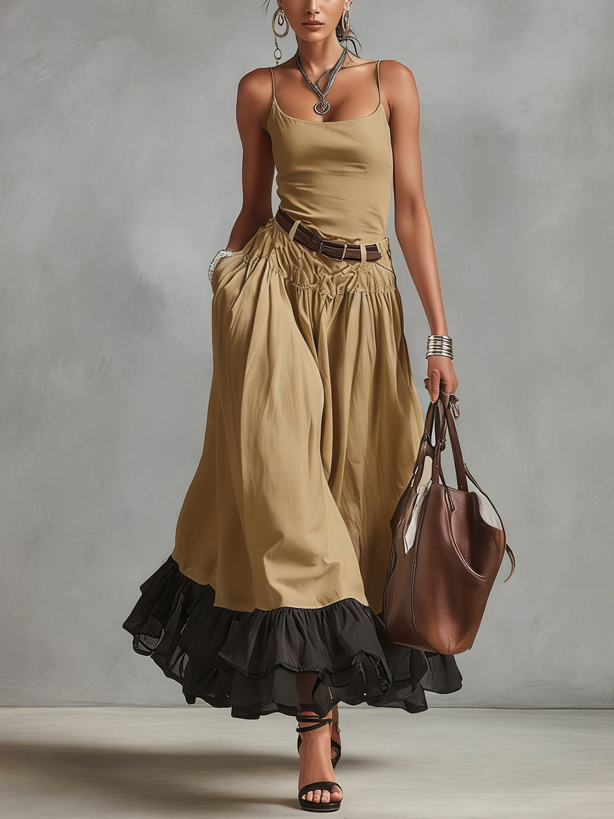 Beige Spaghetti-Strap Maxi Dress With Contrast Ruffled Hem And Belt