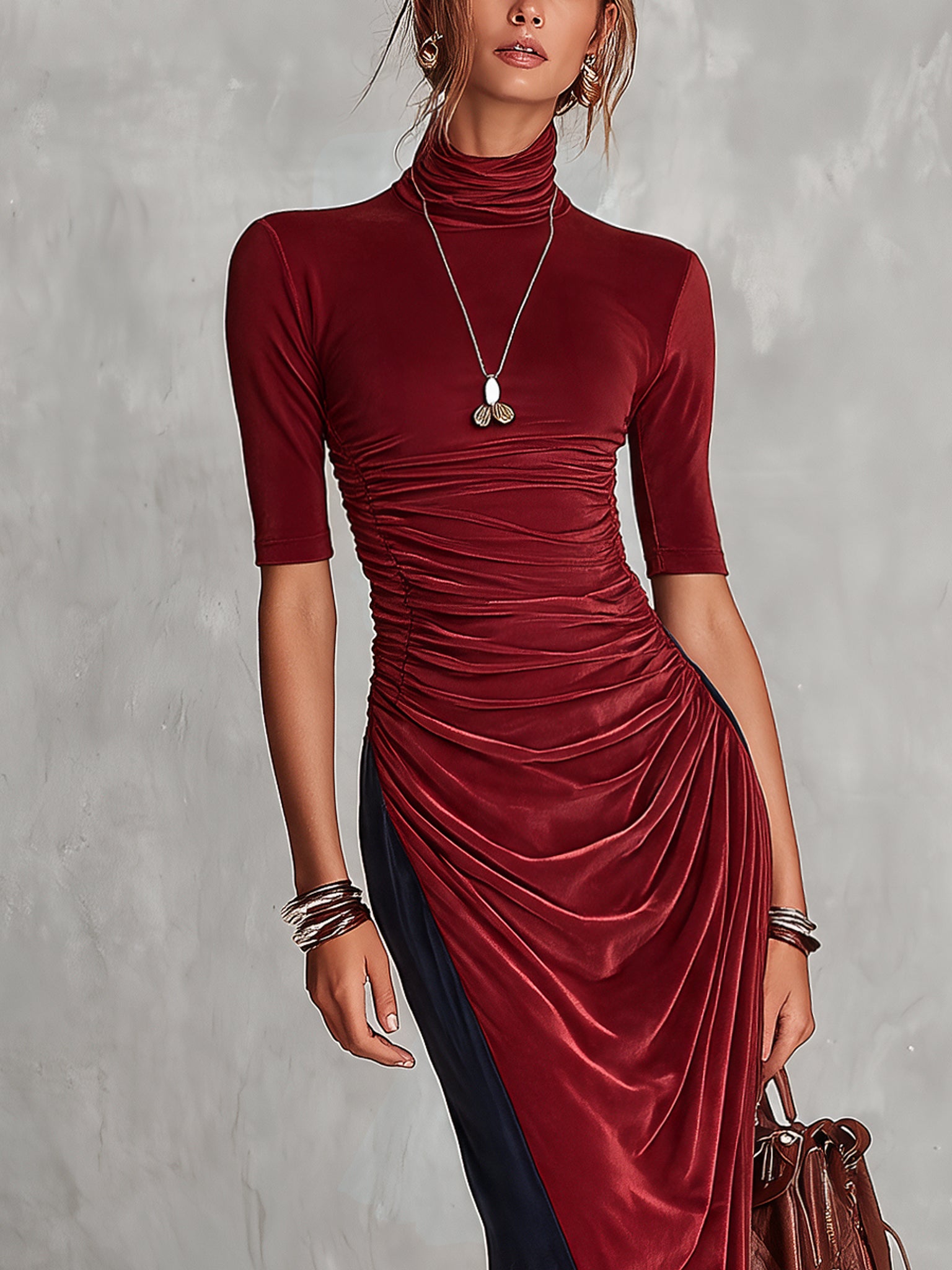 Burgundy And Navy Colorblock Velvet Mock Neck Mermaid Maxi Dress