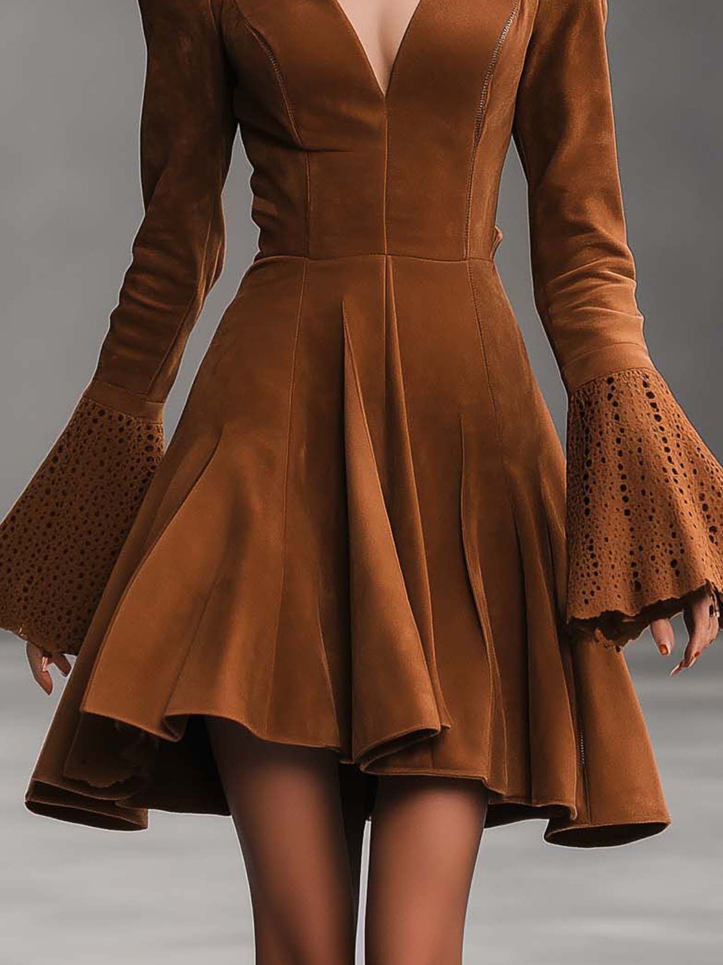 Brown Faux Suede Mini Dress With Lace Sleeves