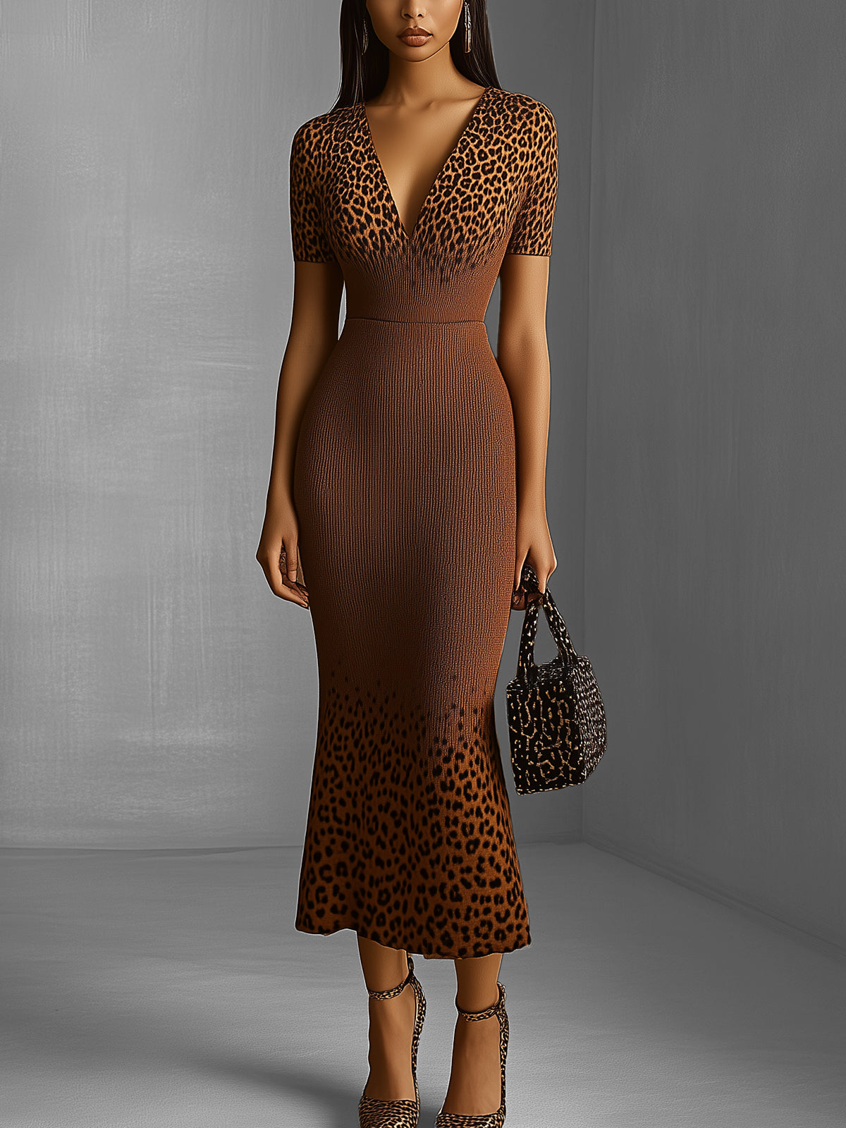 Leopard Ombre Knit Midi Dress With V-Neck
