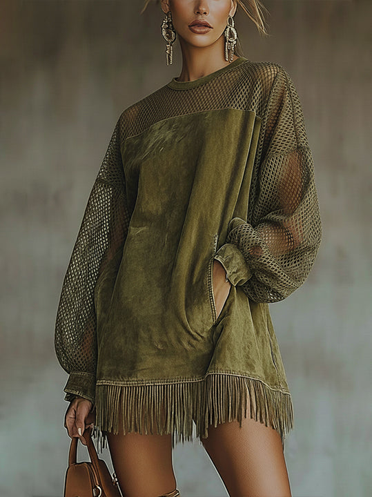 Olive Faux  Suede Mini Dress With Mesh Sleeves And Fringe Hem