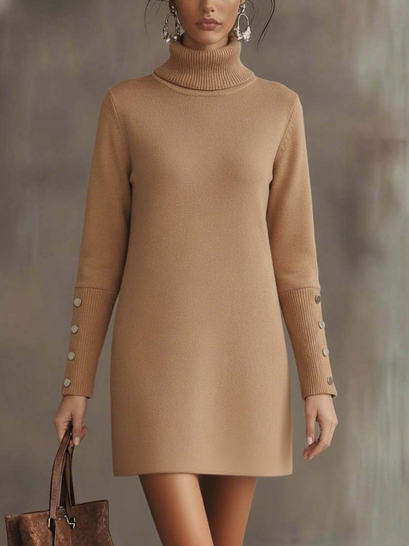 Light Brown Knitted Mini Dress Set With Colorful Outer Layer