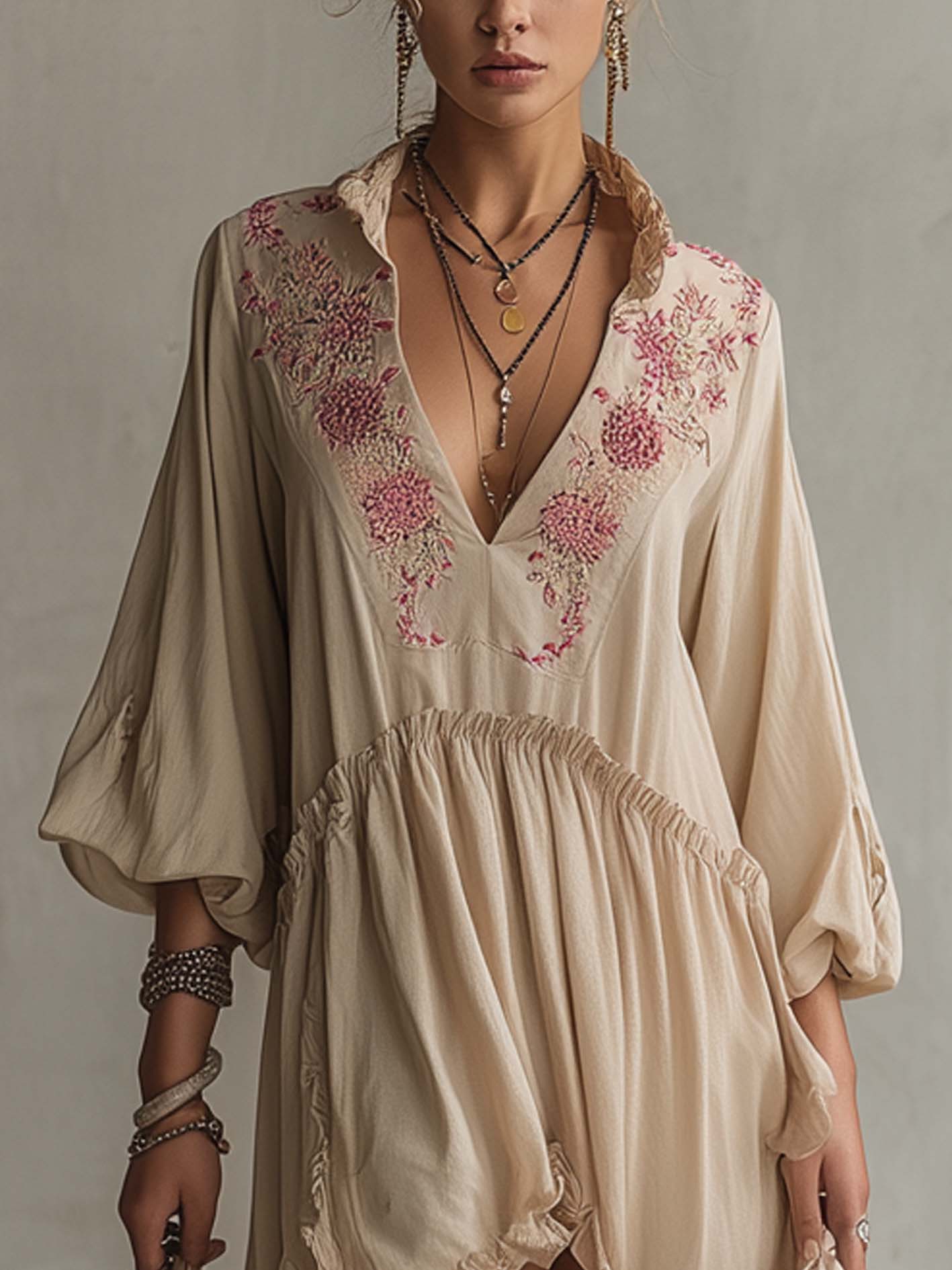 Vintage Beige Embroidered Cotton Linen Mini Dress With Asymmetrical Ruffle Hem