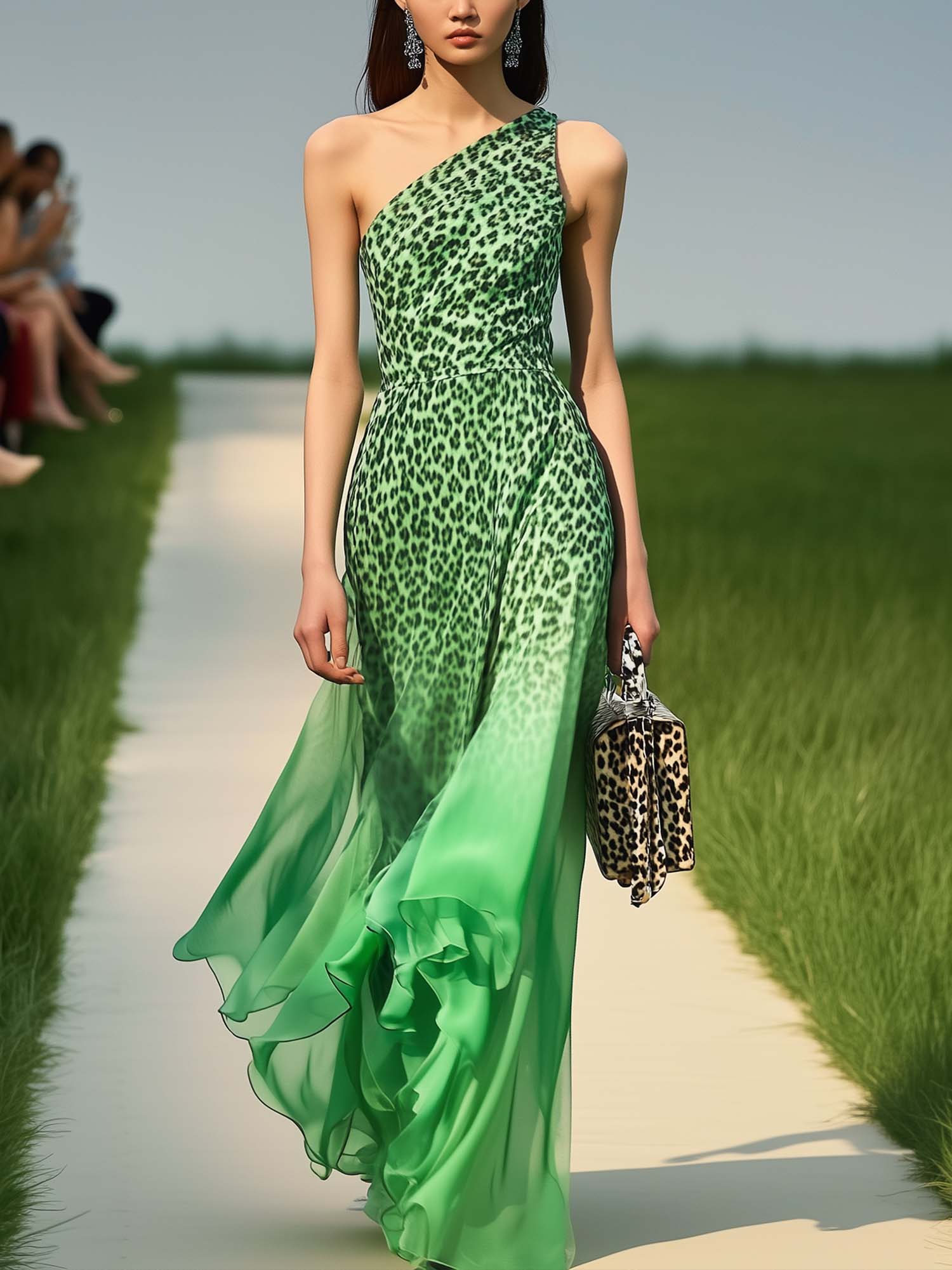 Green  Chiffon Maxi Dress With Gradient Leopard Print