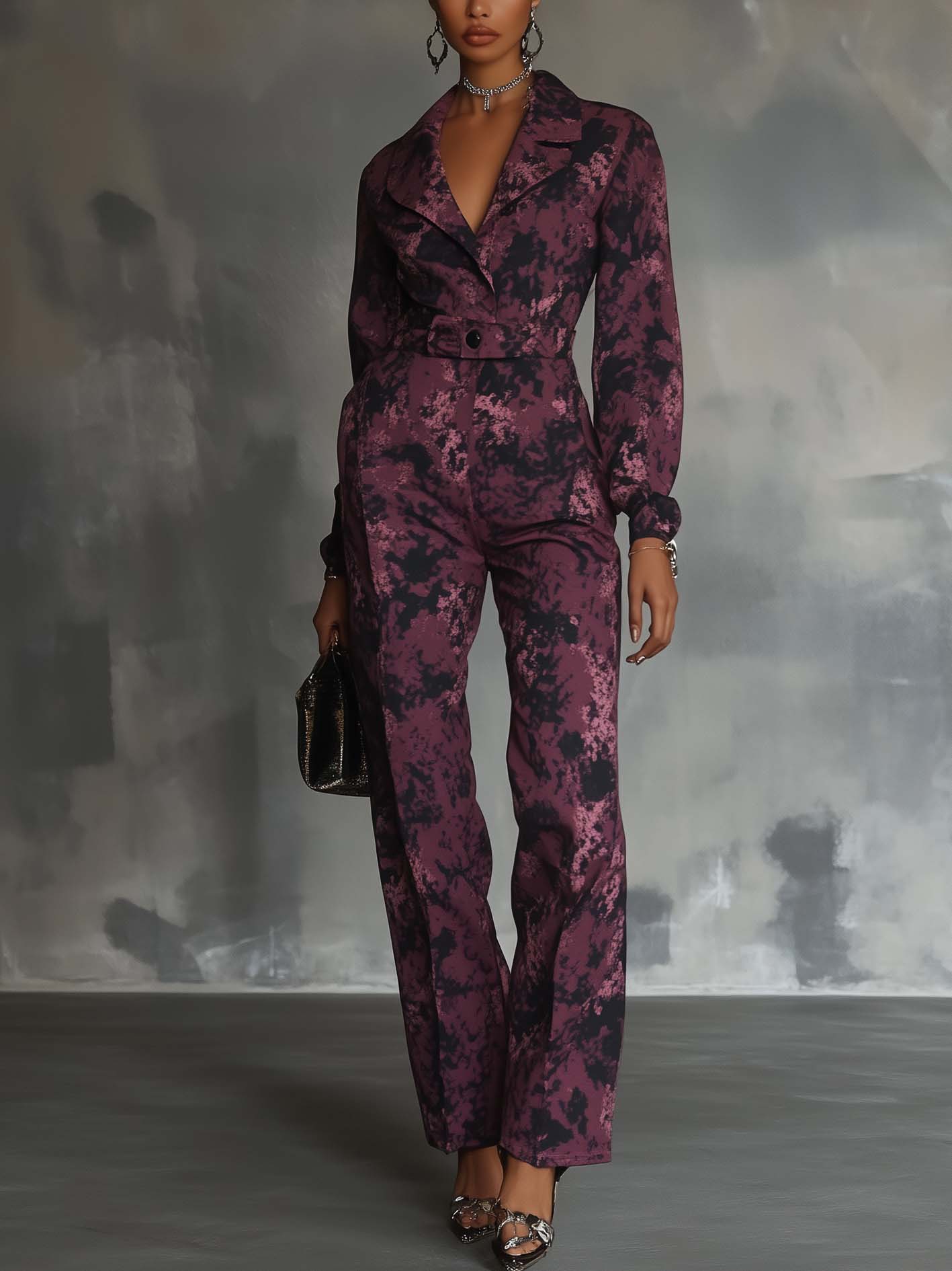 Dark Pink Jumpsuit With Black Camouflage Print