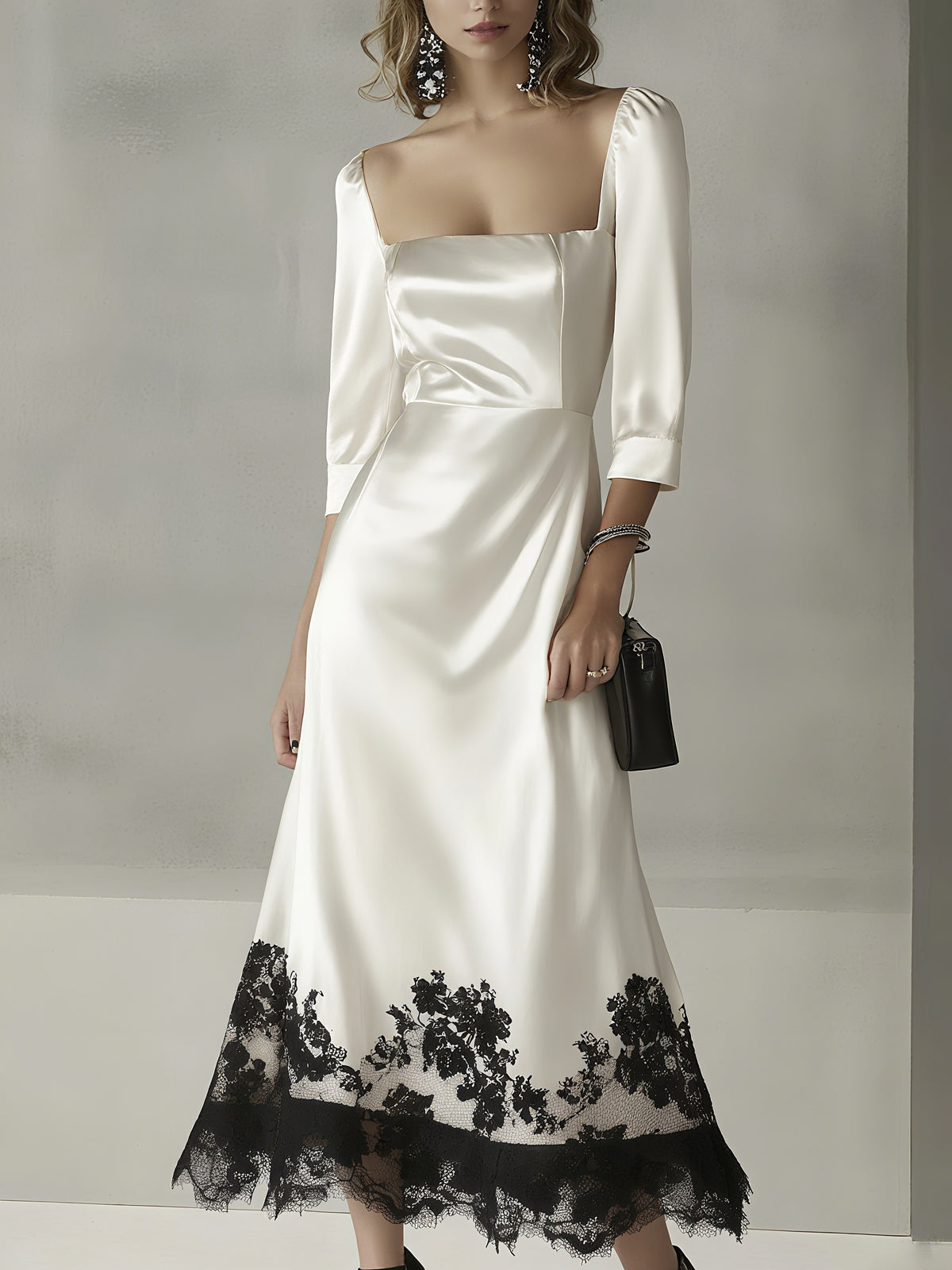 Ivory Satin Floral Lace Hem Square Neck Three-Quarter Sleeve Midi Dress