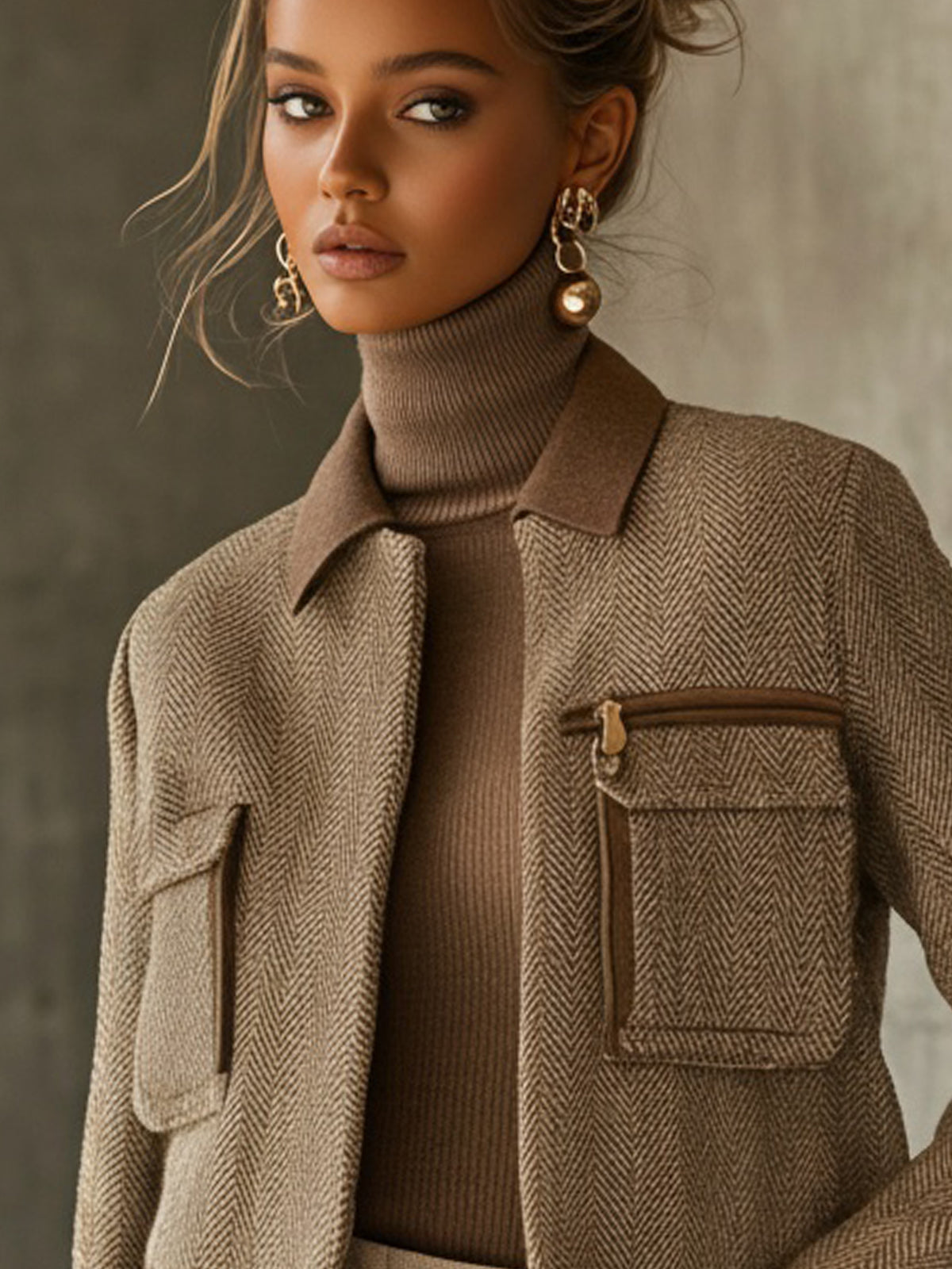 Brown Herringbone Cropped Jacket