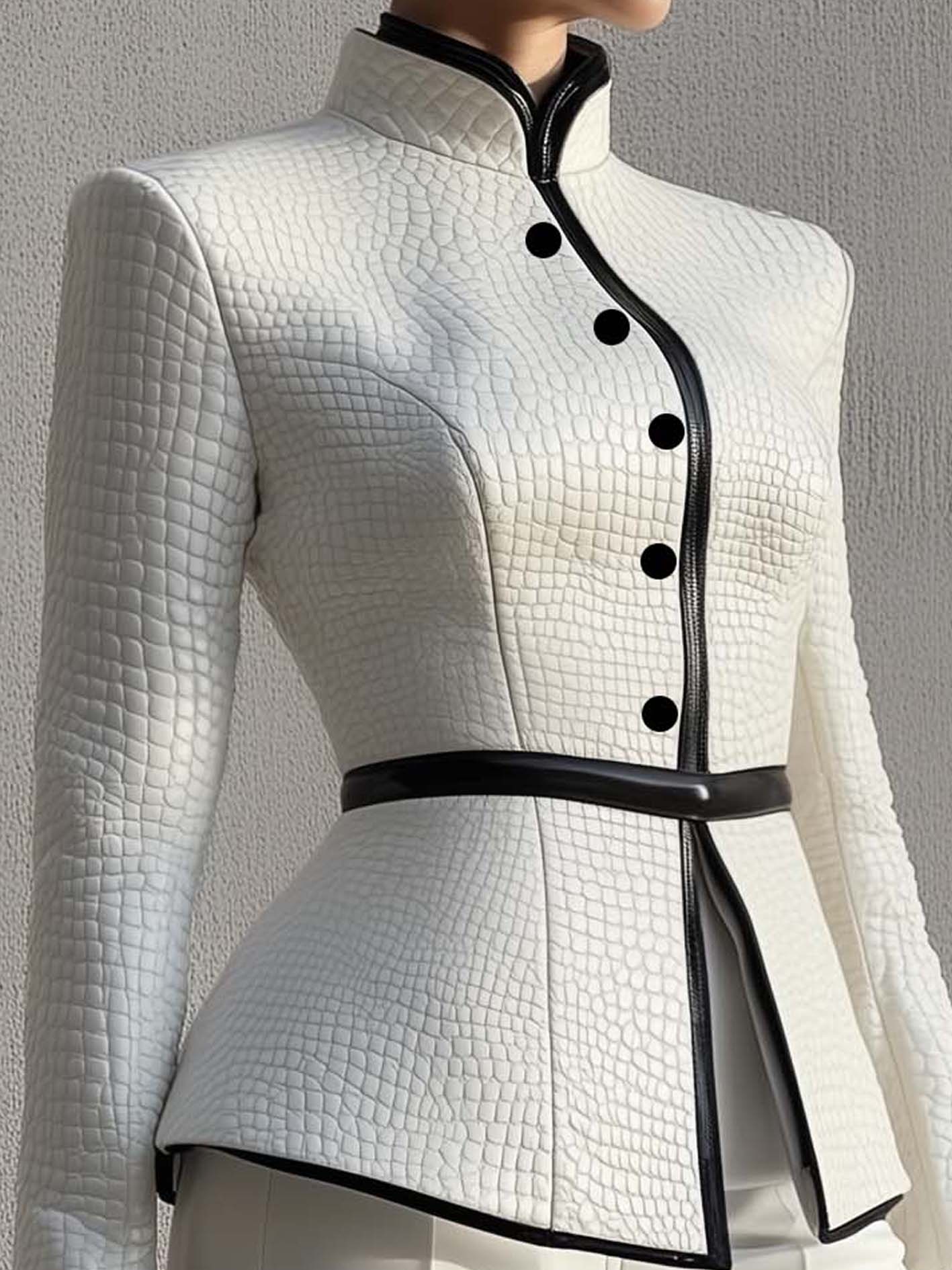 White Textured Faux Leather Jacket With Stand Collar And Black Trim