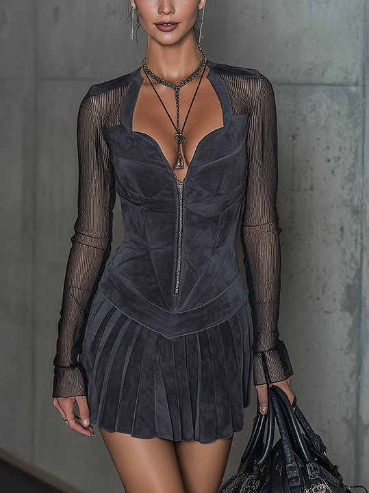 Gray Faux Suede Mini Dress With Sheer Mesh Sleeves And Pleated Skirt