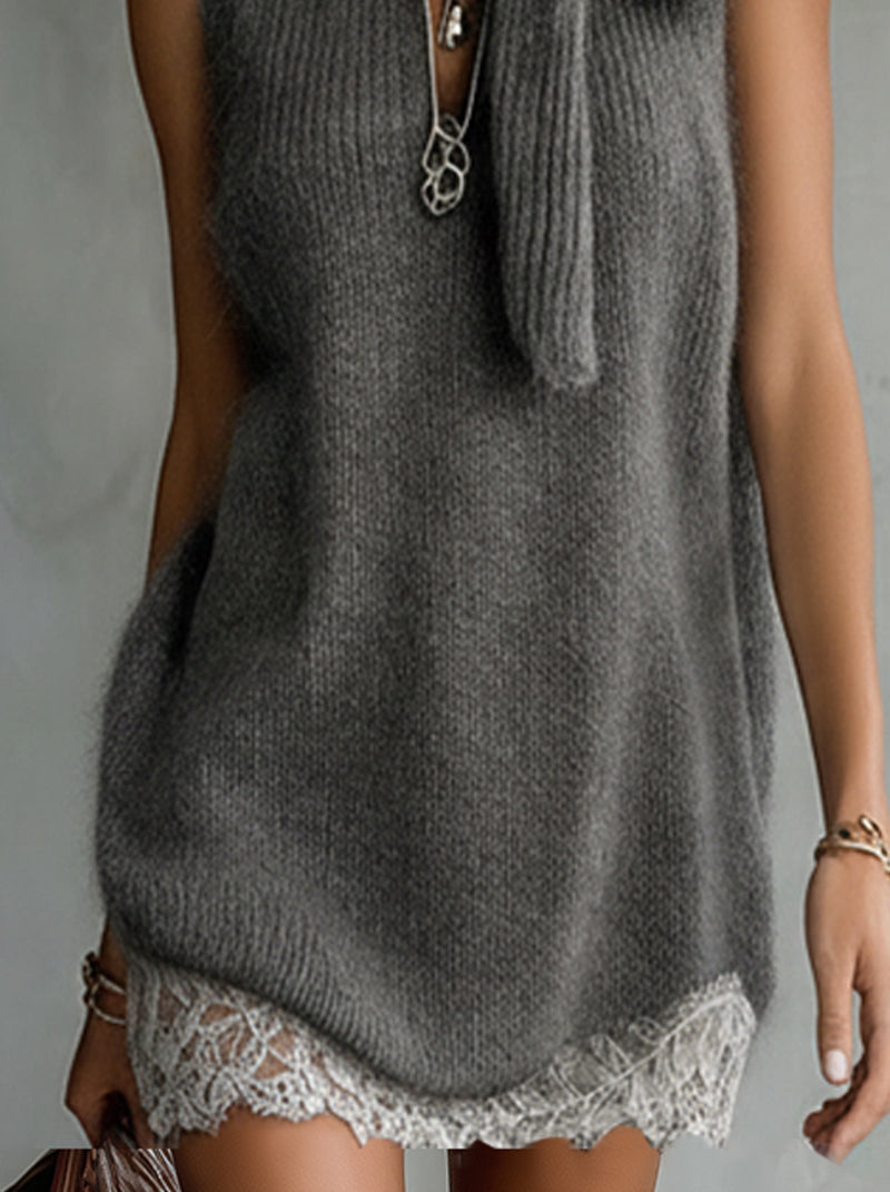 Gray Sleeveless Knit Tunic With Scarf Tie And Lace Hem