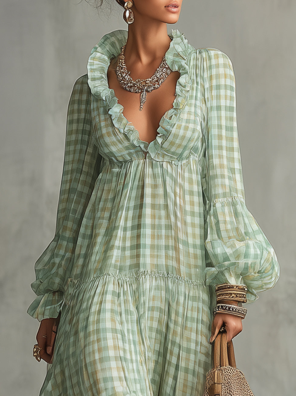Green Gingham Ruffled V-Neck Chiffon Long Sleeve Maxi Dress