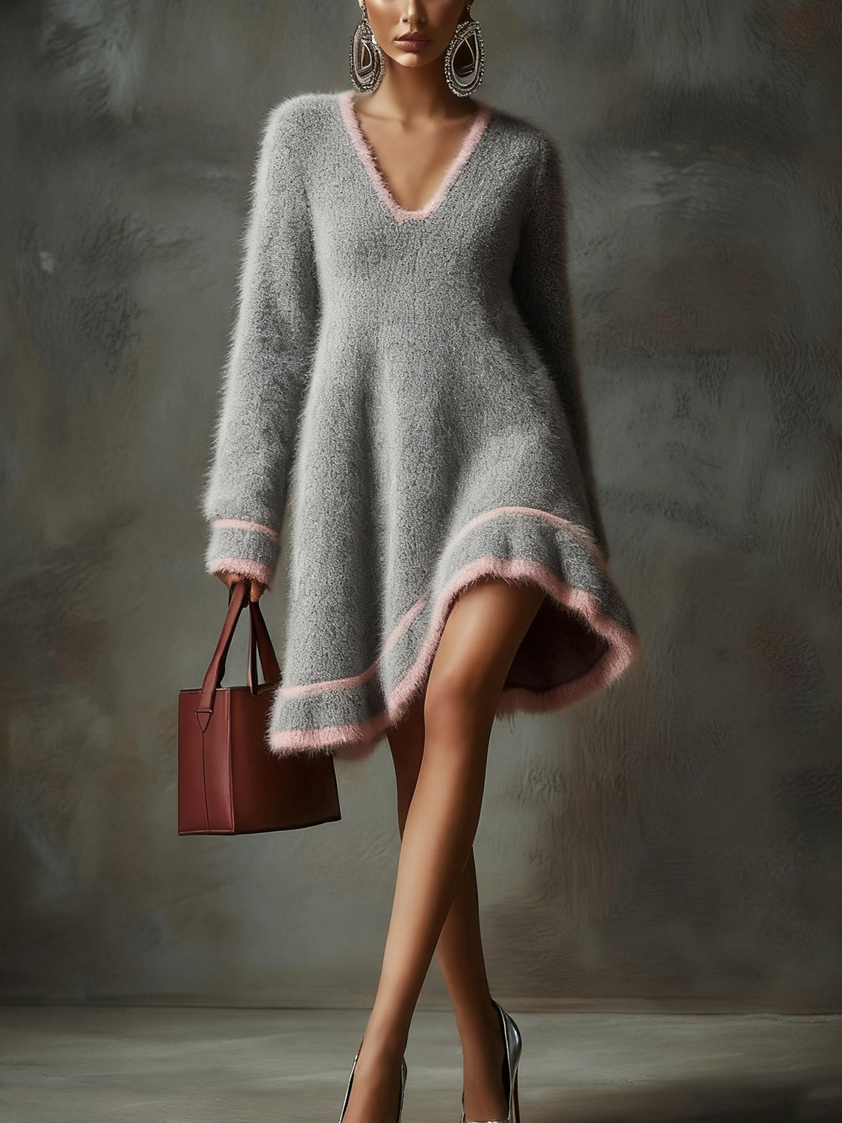 Gray Fuzzy A-Line Dress With Pink Trim And V-Neckline