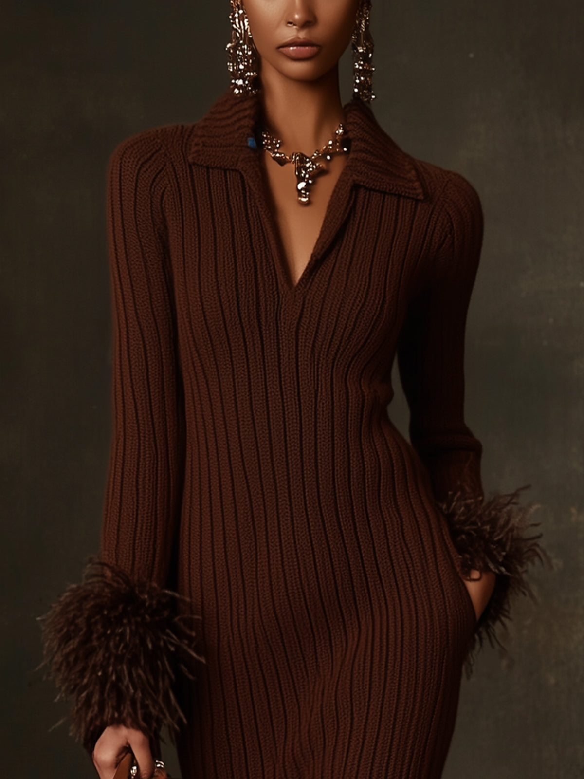 Chocolate Elegance Faux Fur Trimmed Ribbed Knit Dress