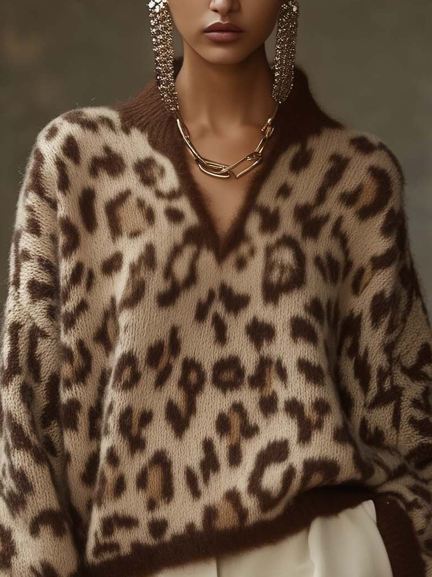 Brown Faux Mohair Sweater With Leopard Print