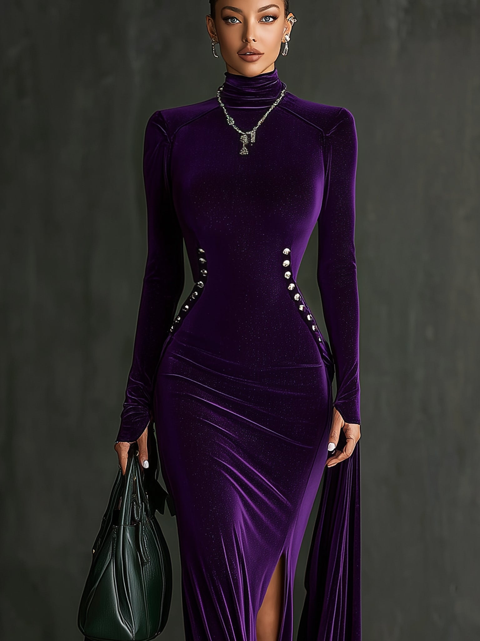 Purple Velvet Turtleneck Long Sleeve Maxi Dress