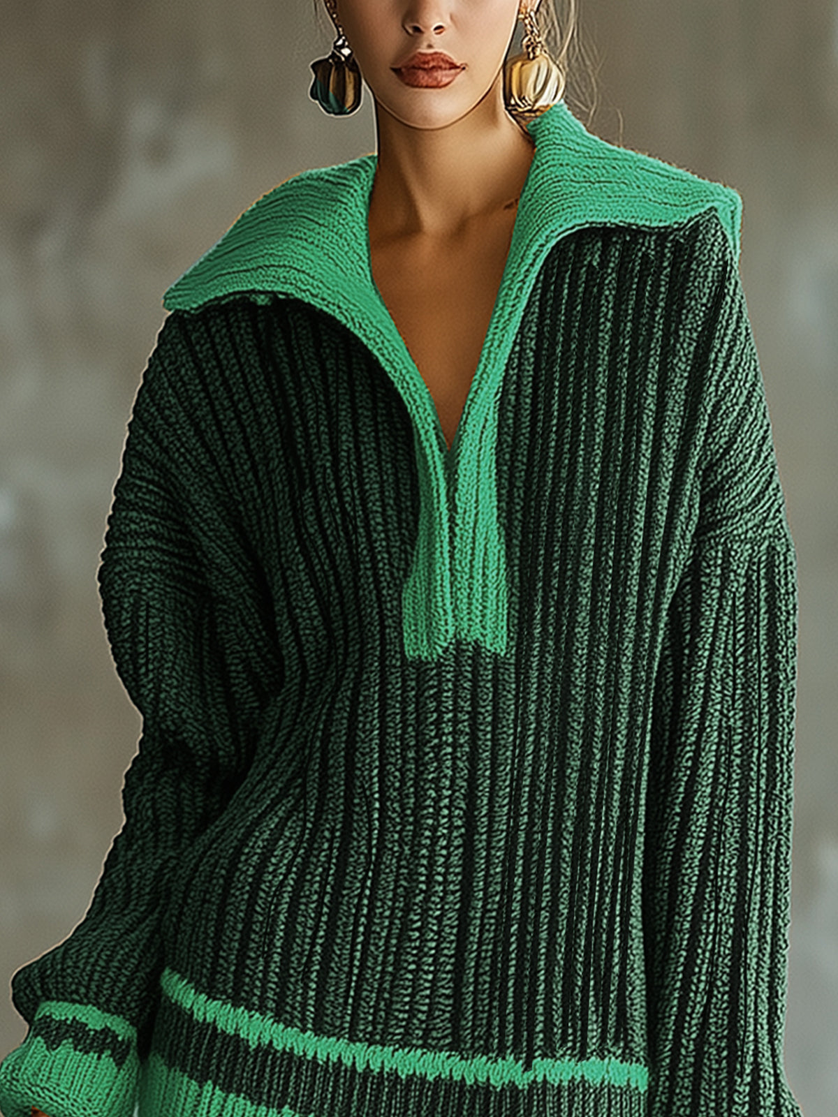 Green Ribbed Knit Sweater Dress With Contrast Trim