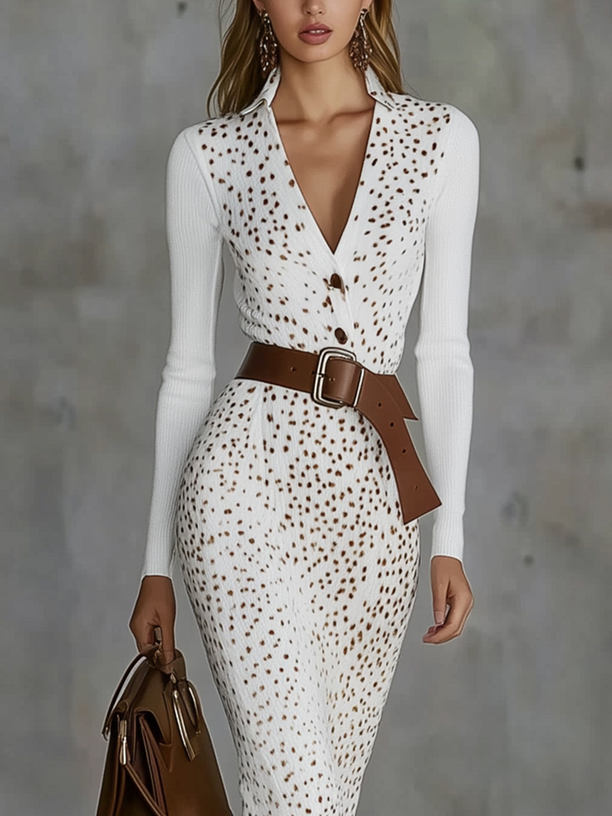 Spotted Knit Midi Dress With V-neck