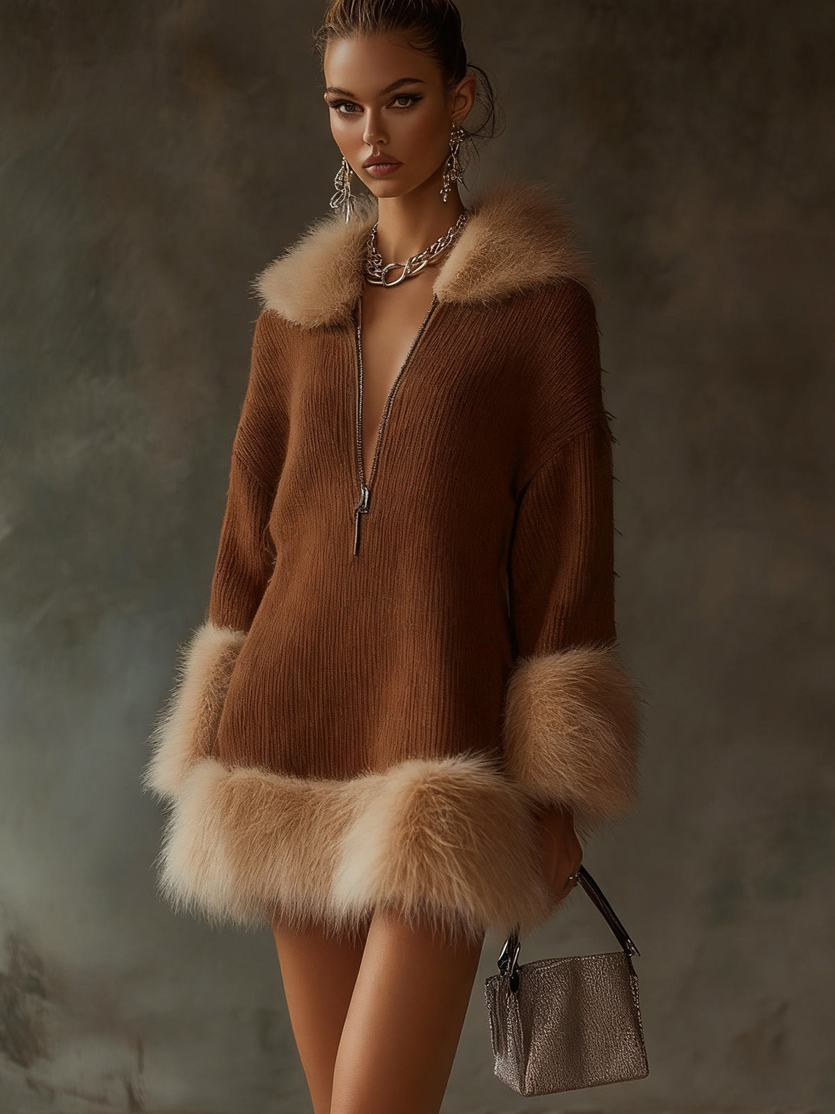 Brown Ribbed Knit Dress With Faux Fur Trim And Front Zip