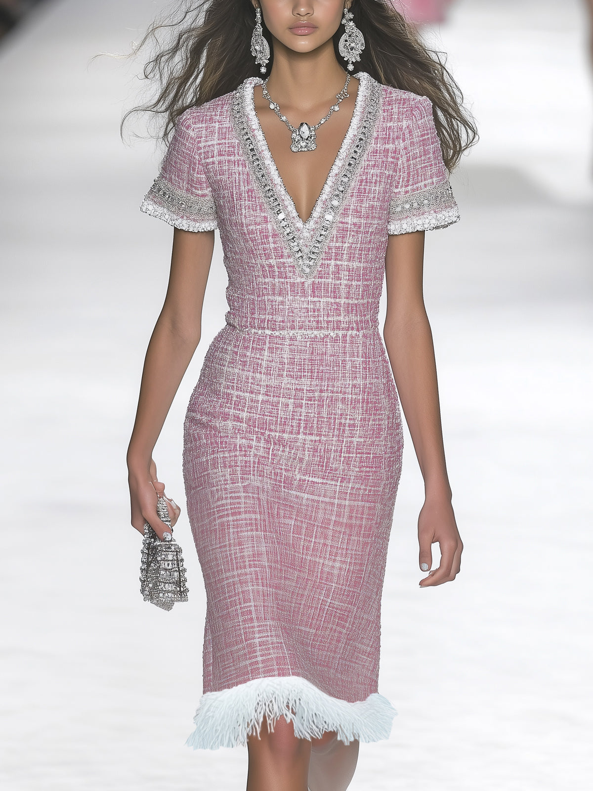 Pink Tweed Embellished Trim V-Neck Short Sleeve Midi Dress