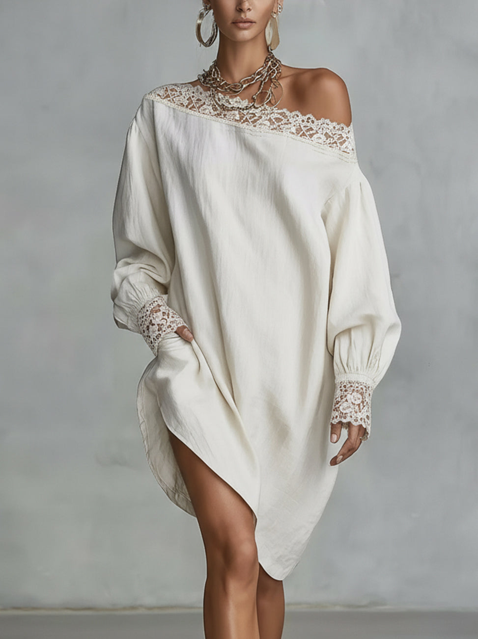 Ivory One-Shoulder Lace Trim Long Sleeve Linen Mini Dress